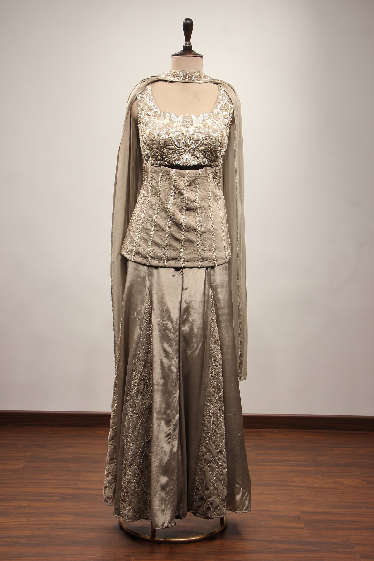 Crepe Grey Sharara with Choker Dupatta & Sequin Cut Dana Handwork