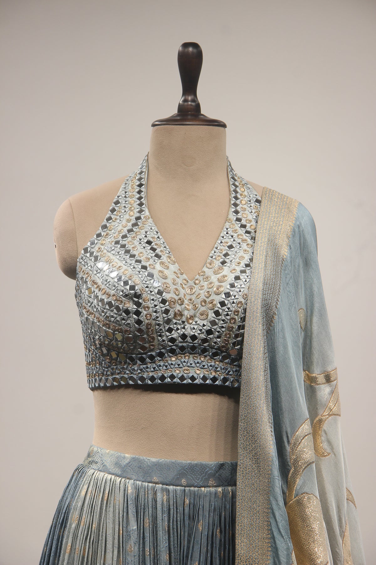 Tissue Lehenga with Mirror & Zari Handwork Halter Crop Top