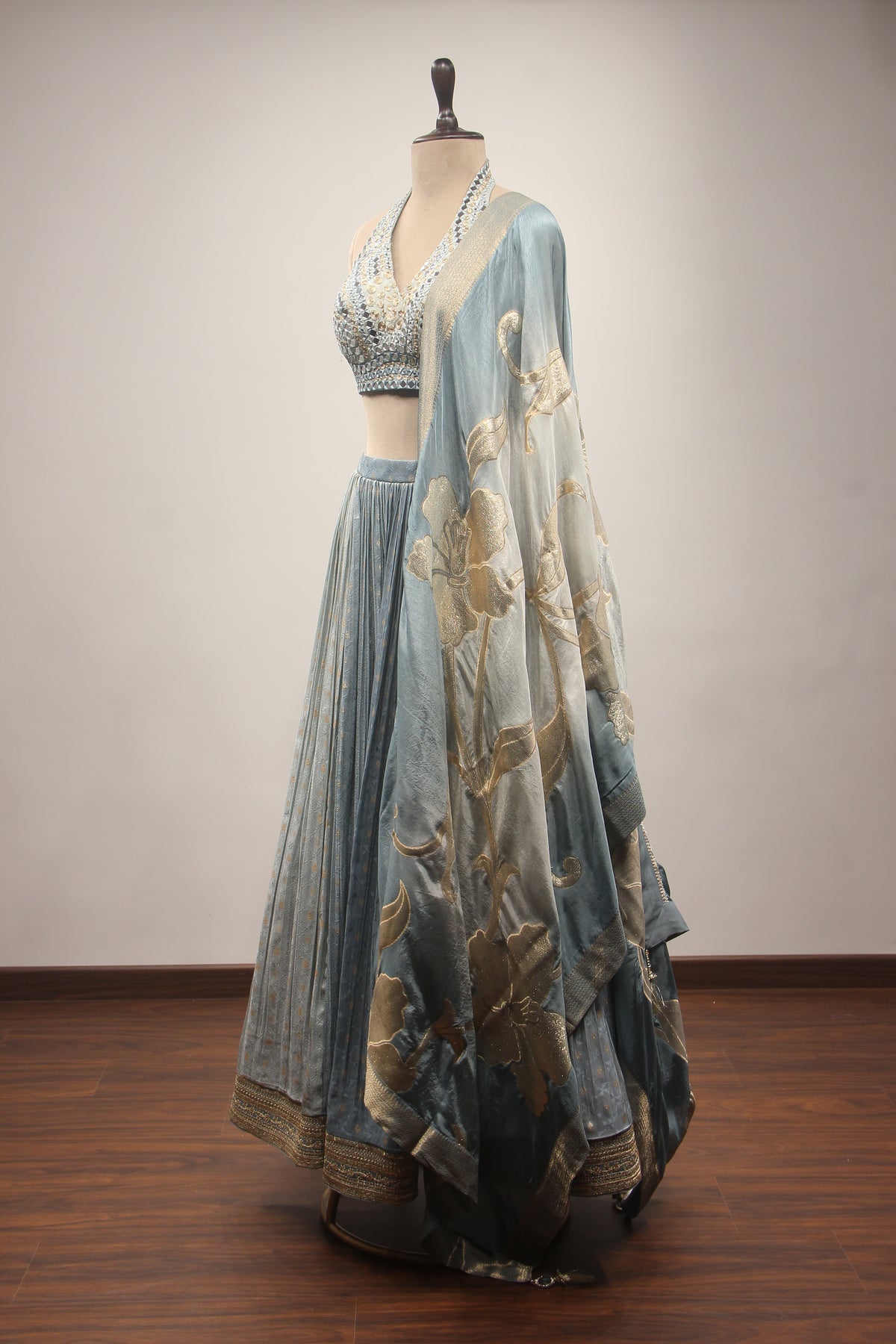 Tissue Lehenga with Mirror & Zari Handwork Halter Crop Top