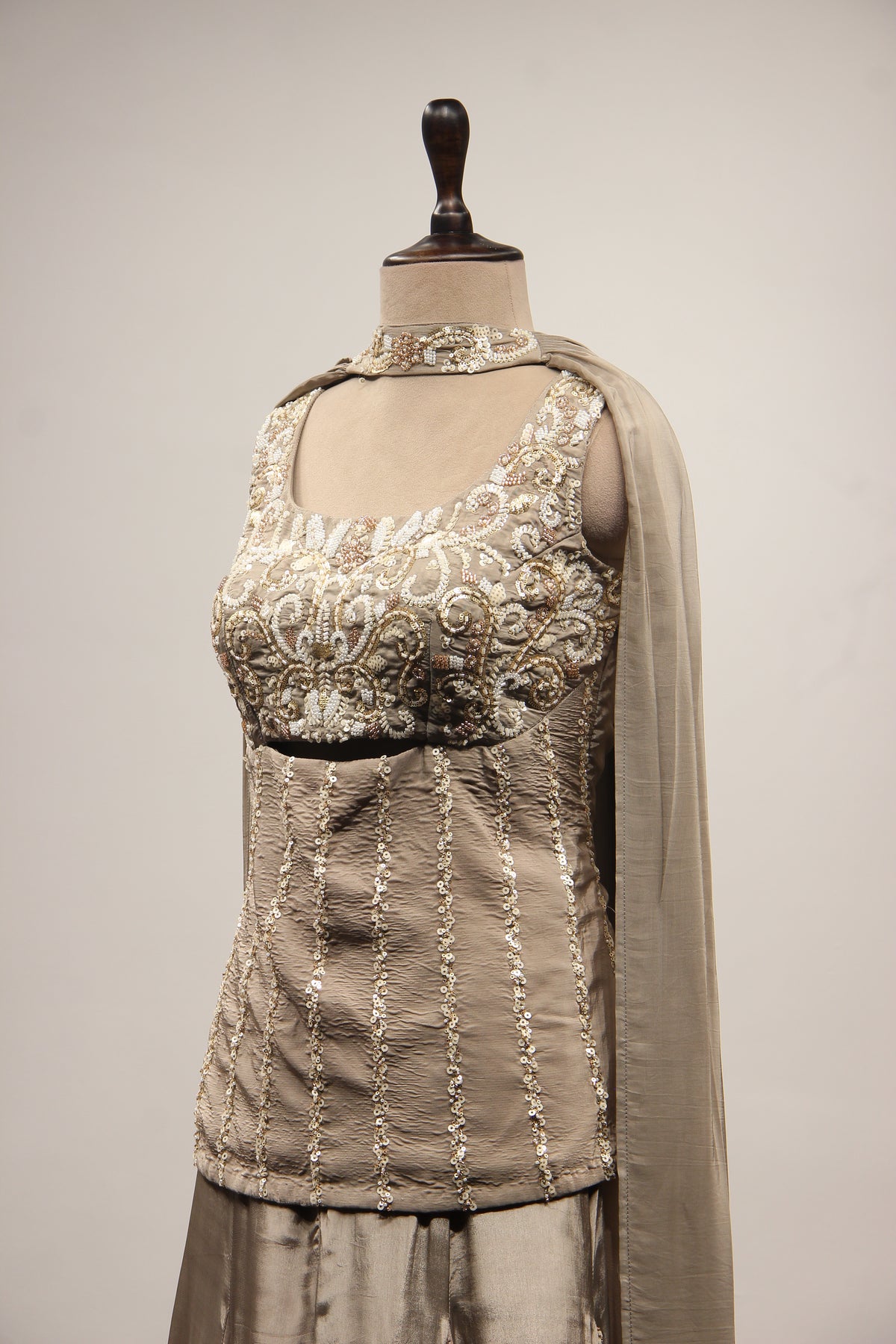 Crepe Grey Sharara with Choker Dupatta & Sequin Cut Dana Handwork