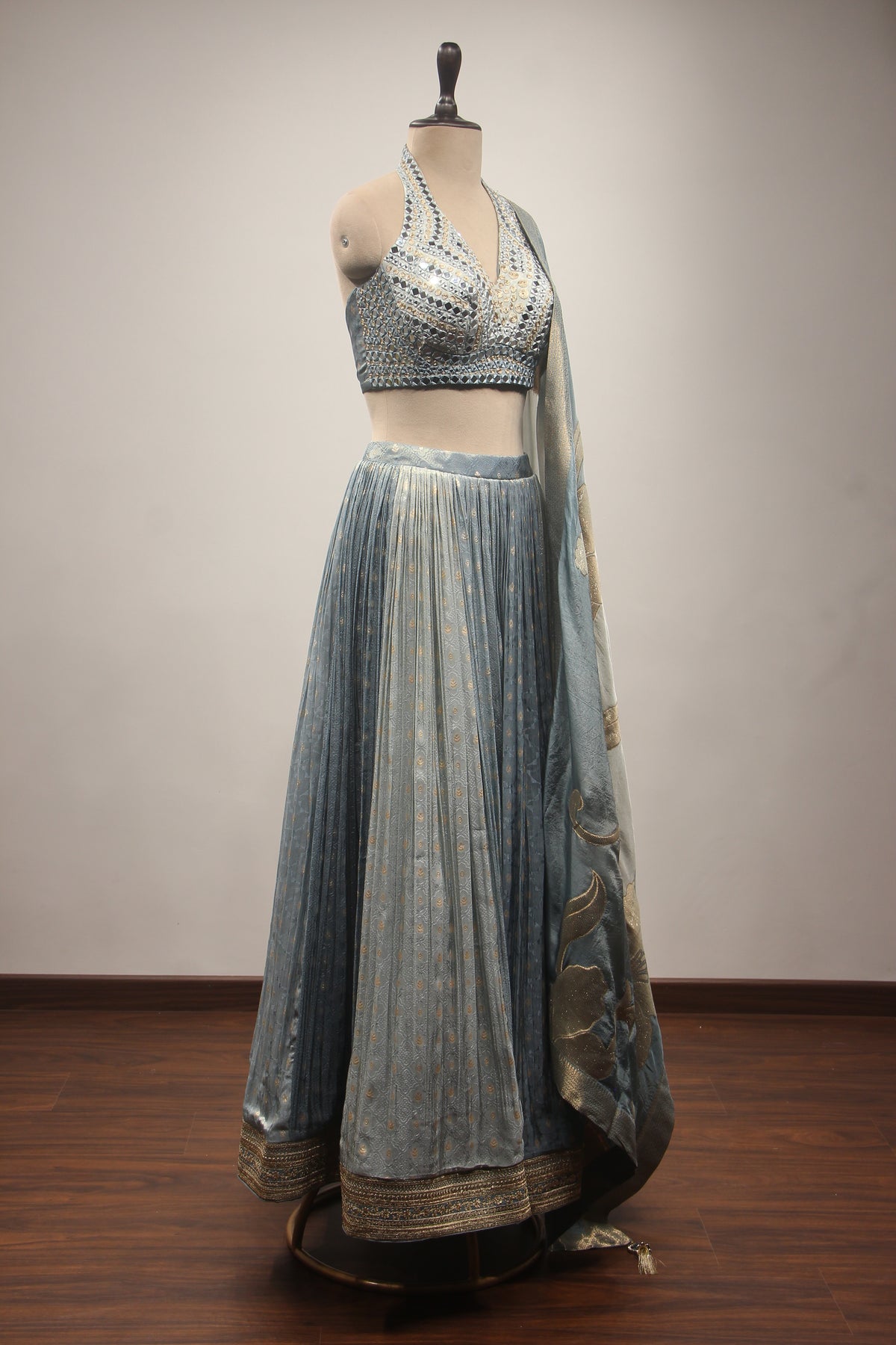 Tissue Lehenga with Mirror & Zari Handwork Halter Crop Top