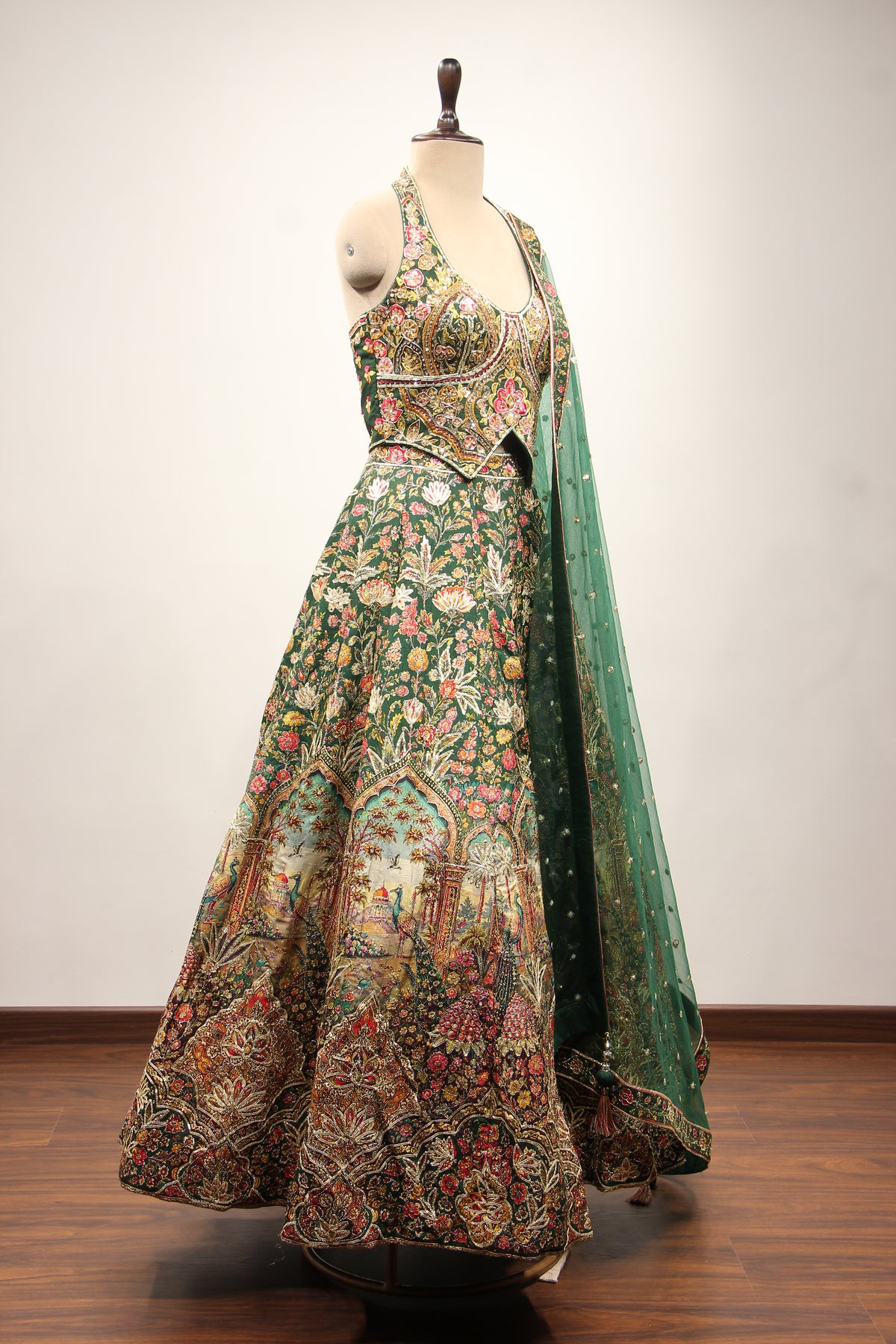 Bottle Green Dupion Halter Lehenga with Printed & Gota Patti Handwork – other side view
