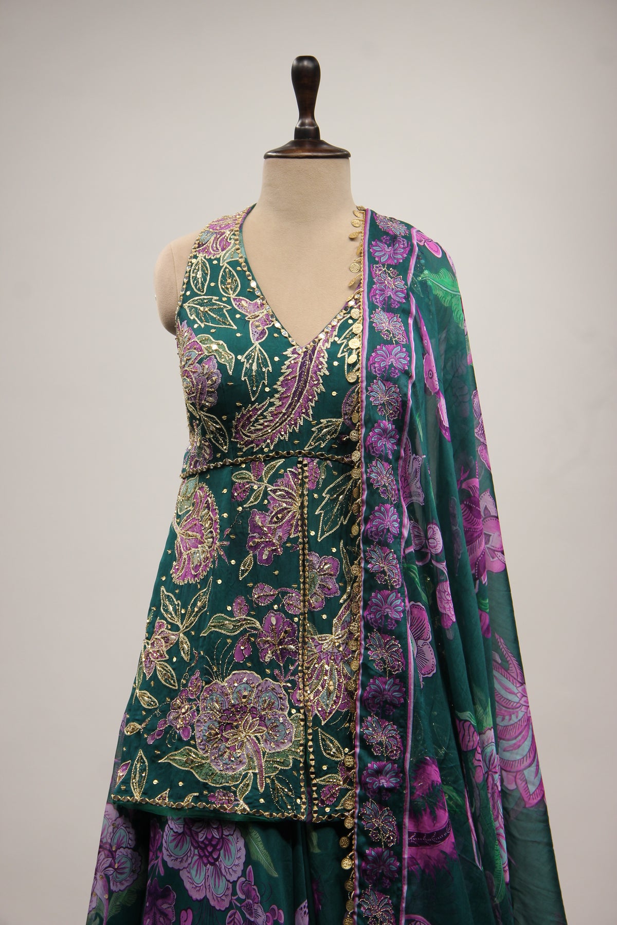 Organza Bottle Green Sharara with Printed Peplum & Mirror Cut Dana Handwork