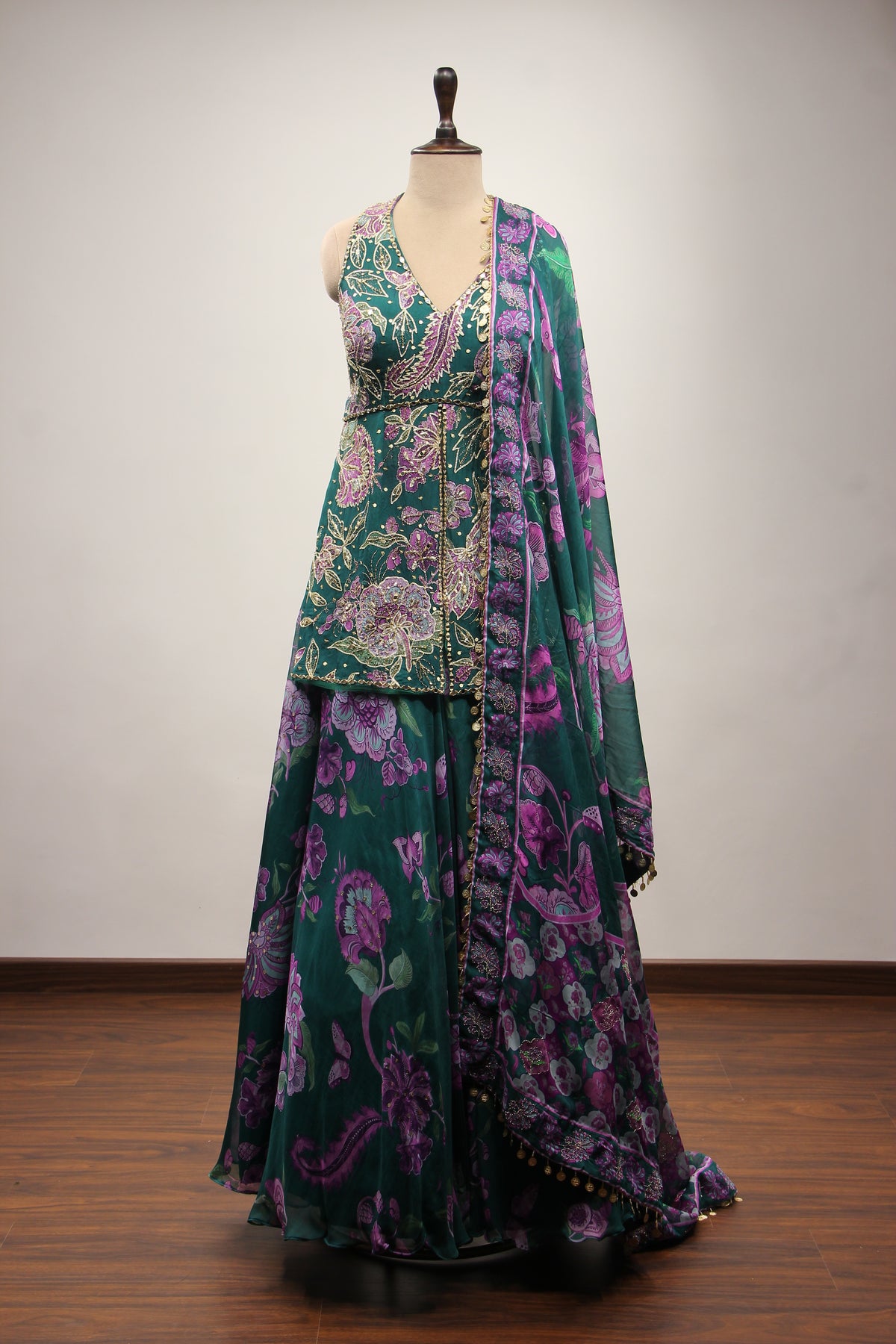 Organza Bottle Green Sharara with Printed Peplum & Mirror Cut Dana Handwork