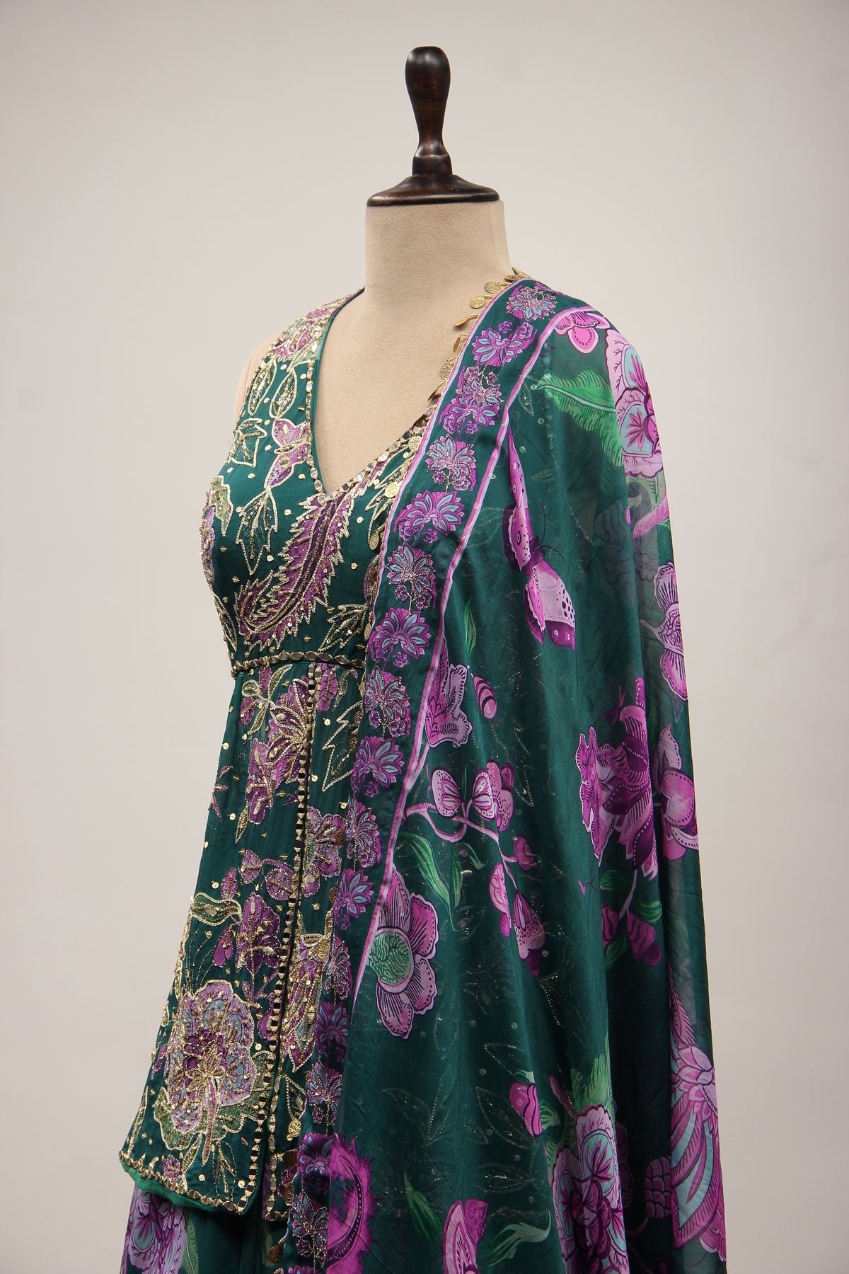 Organza Bottle Green Sharara with Printed Peplum & Mirror Cut Dana Handwork