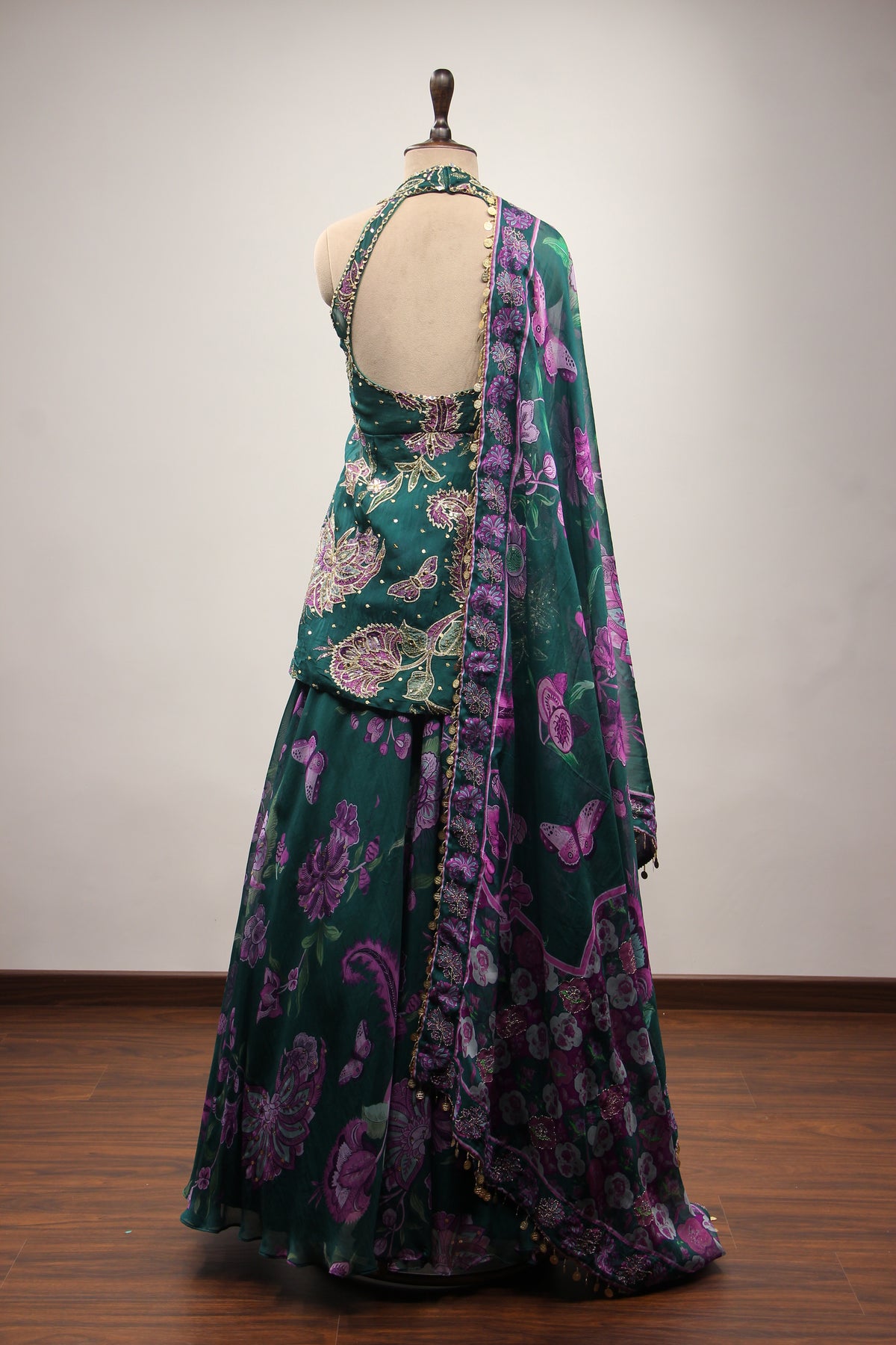 Organza Bottle Green Sharara with Printed Peplum & Mirror Cut Dana Handwork