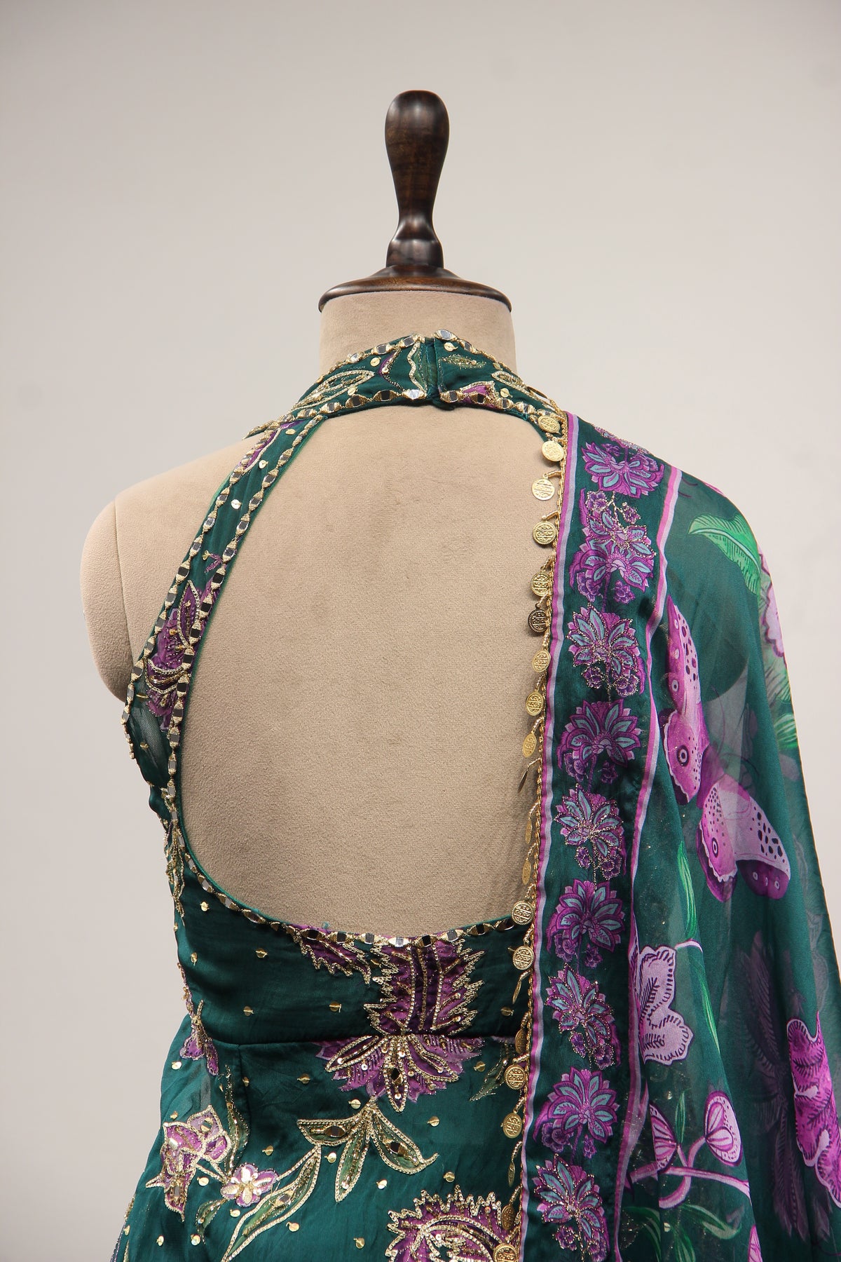 Organza Bottle Green Sharara with Printed Peplum & Mirror Cut Dana Handwork