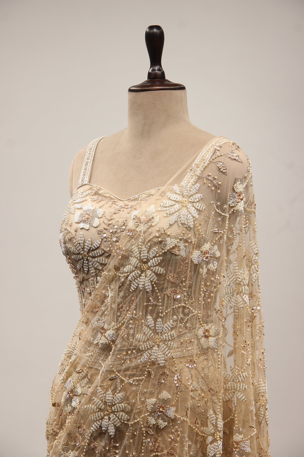 Ivory Net Ready-to-Wear Drape Saree with Cut Dana & Bead Handwork