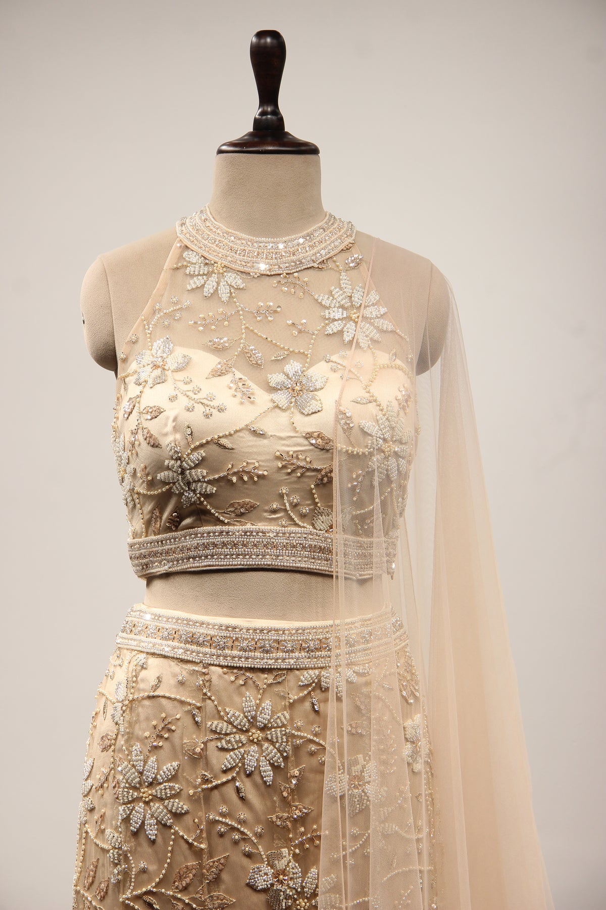 Gold Net Lehenga with Cut Dana & Bead Handwork Halter Neck Mermaid