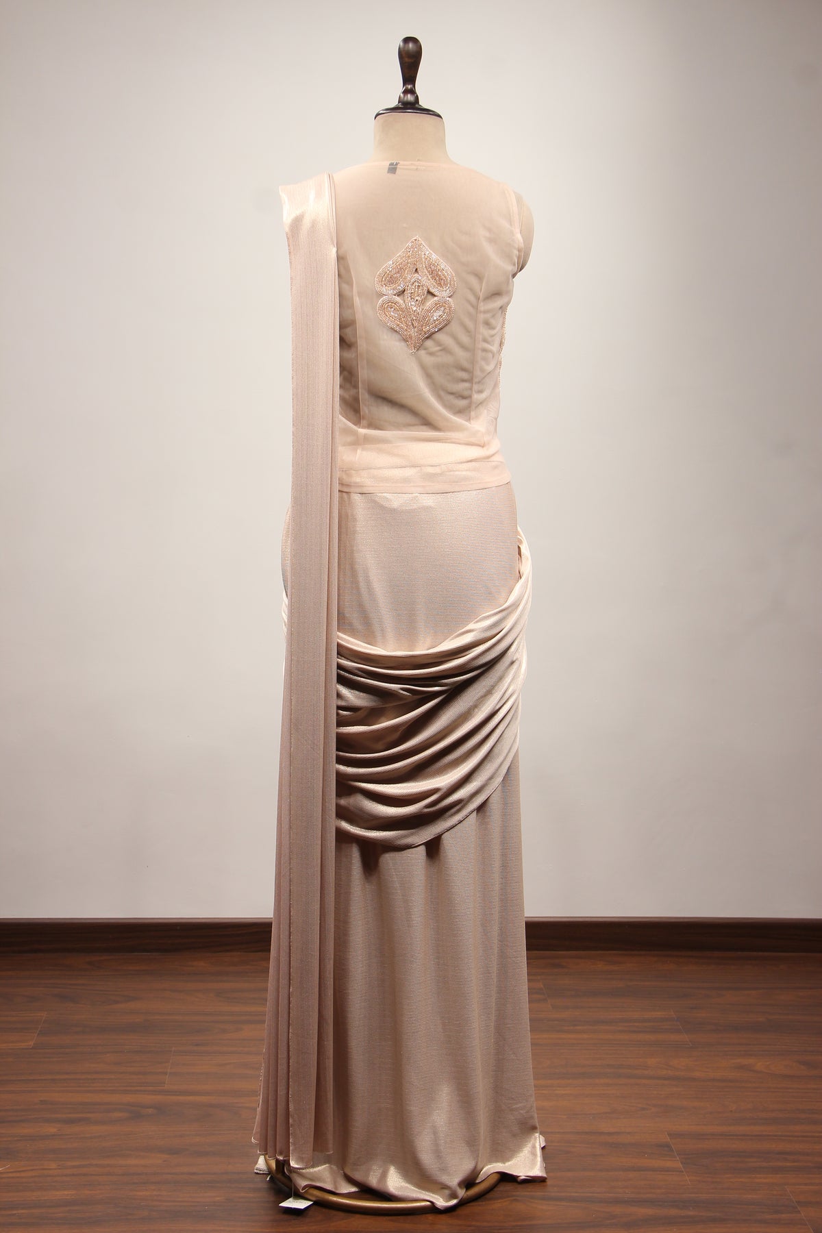 Peach Imported Ready-to-Wear Drape Saree, Sequin & Cut Dana Handwork – back view