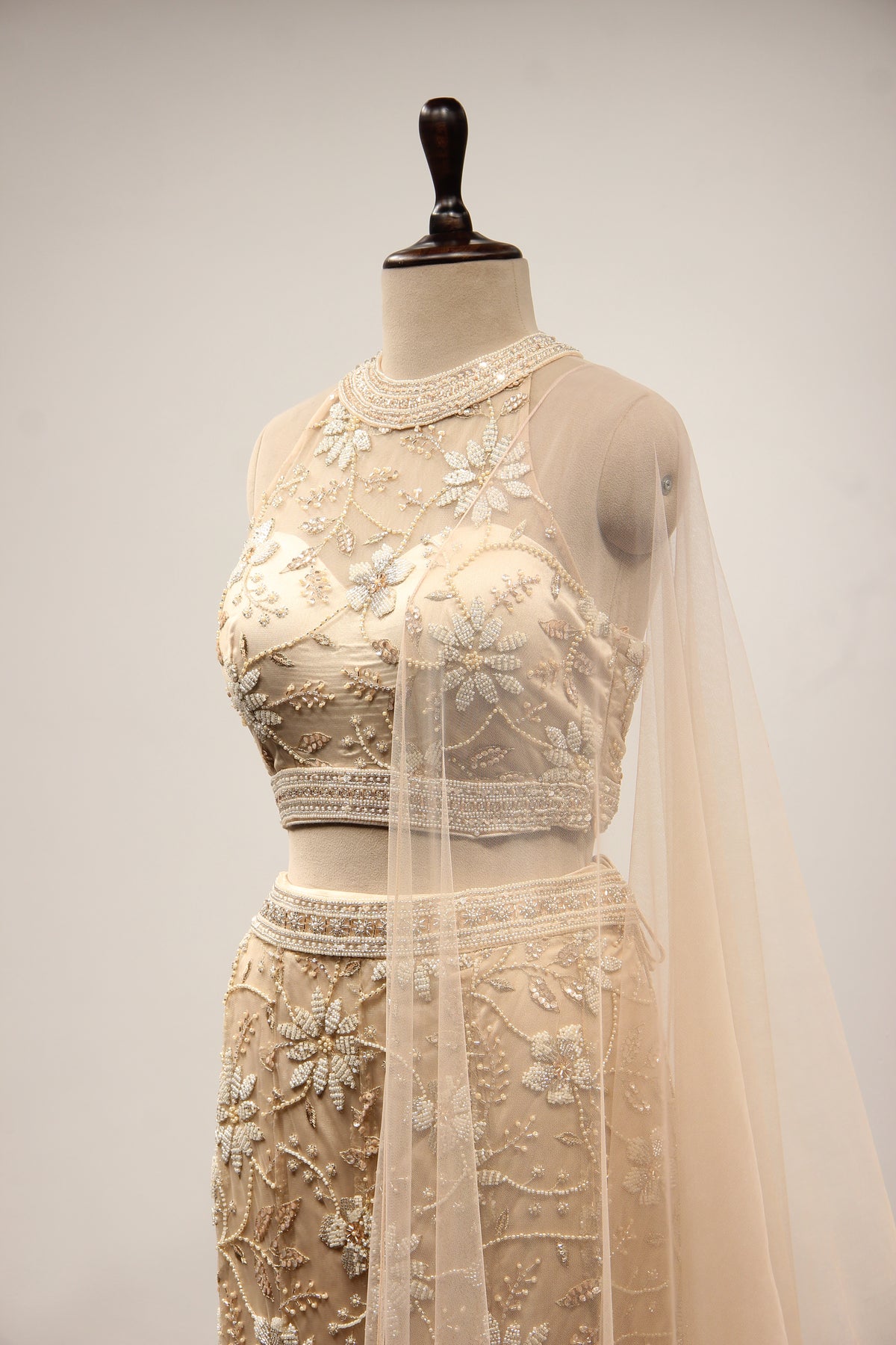 Gold Net Lehenga with Cut Dana & Bead Handwork Halter Neck Mermaid