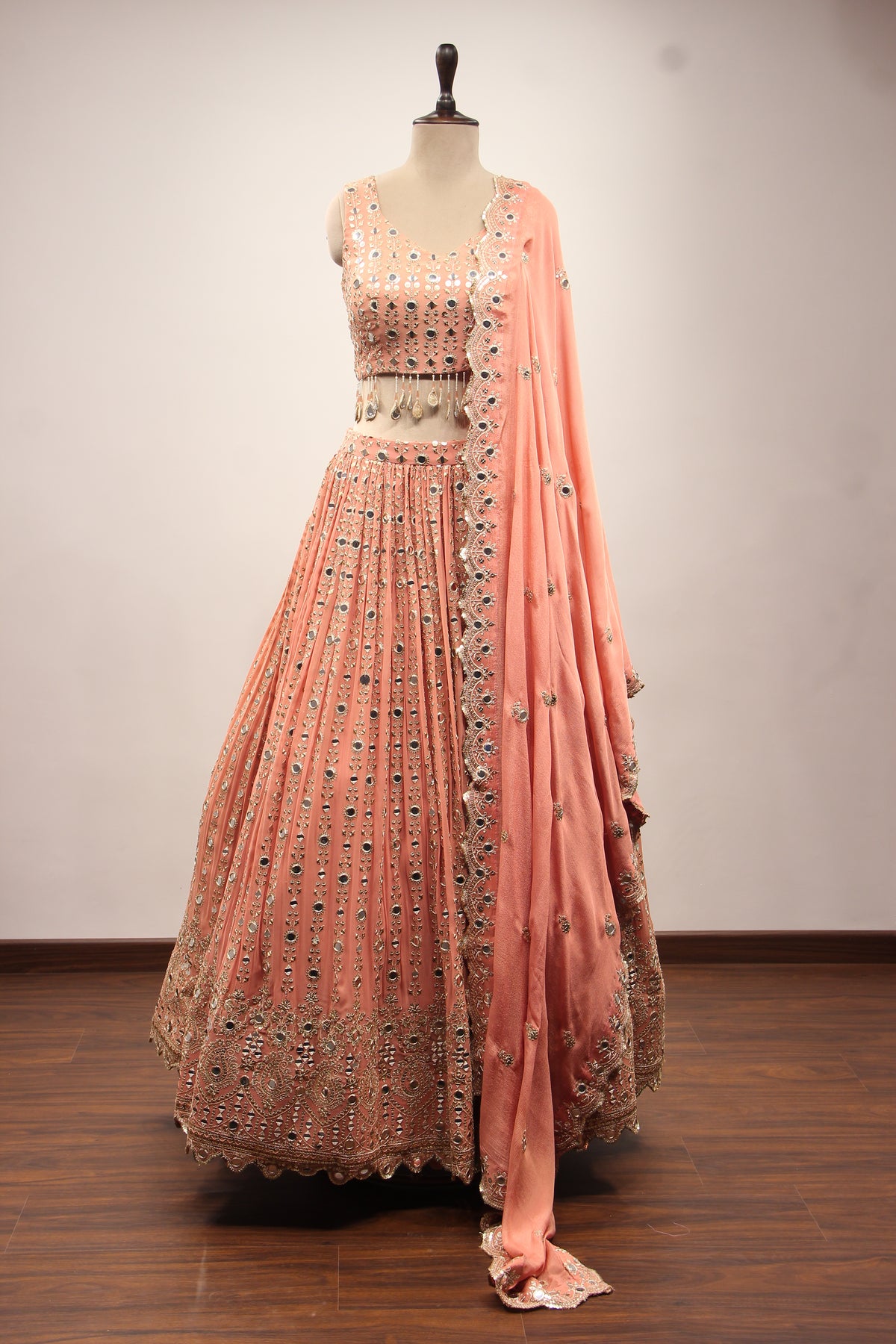 Peach Georgette Lehenga with Embroidery & Resham Handwork Crop Top