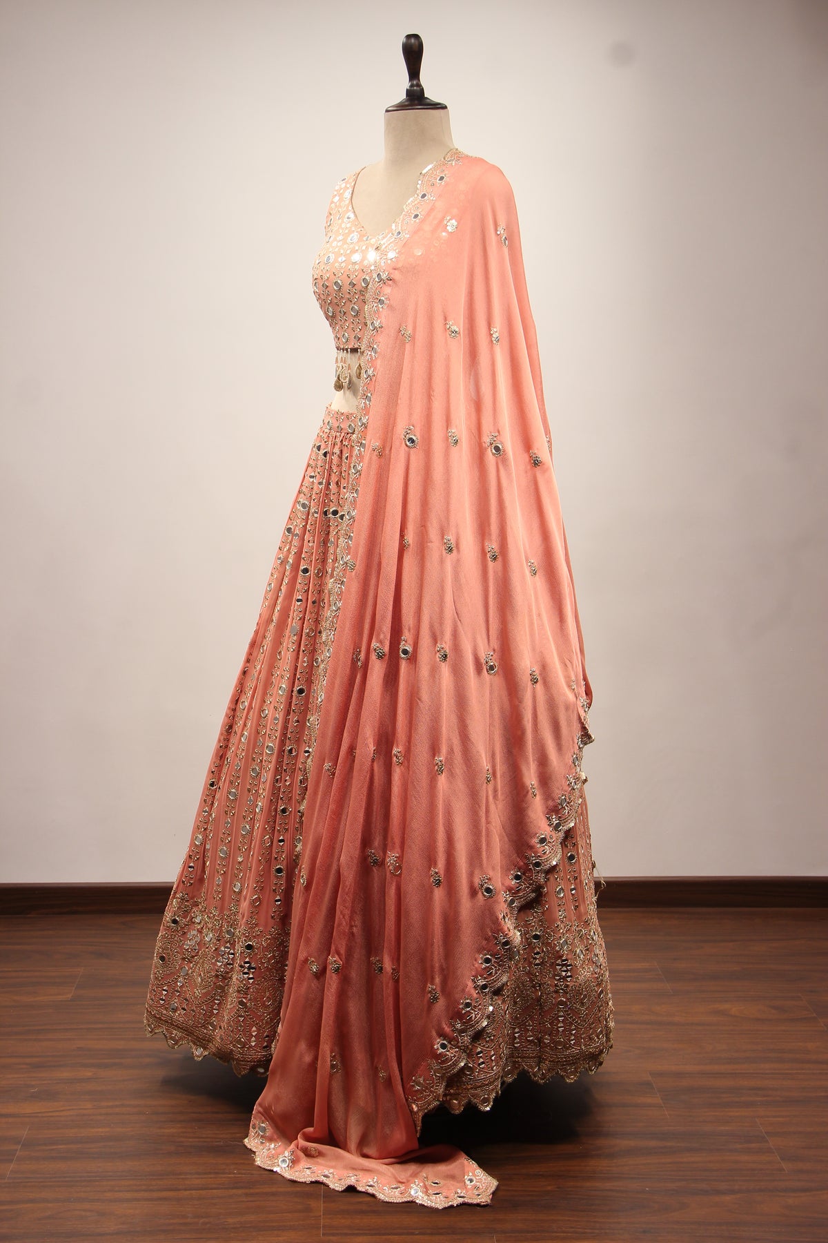 Peach Georgette Lehenga with Embroidery & Resham Handwork Crop Top