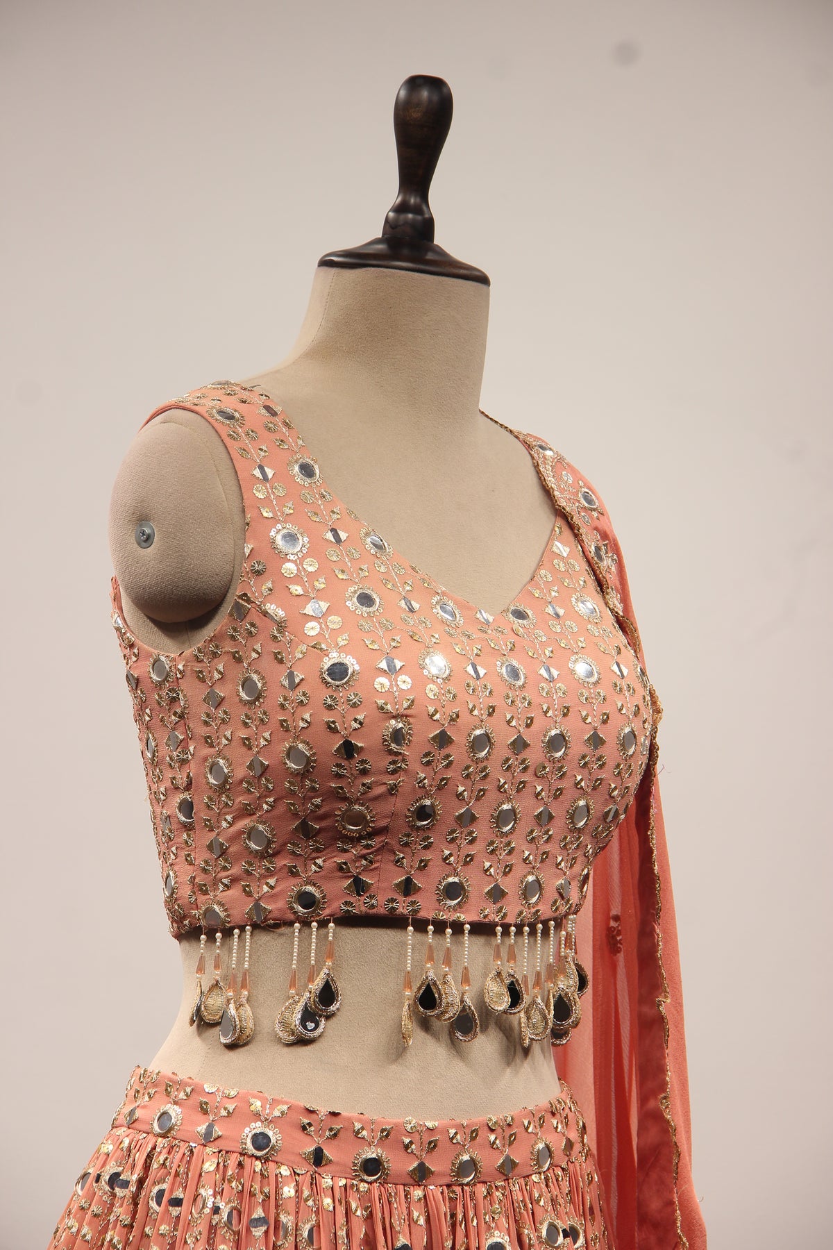 Peach Georgette Lehenga with Embroidery & Resham Handwork Crop Top