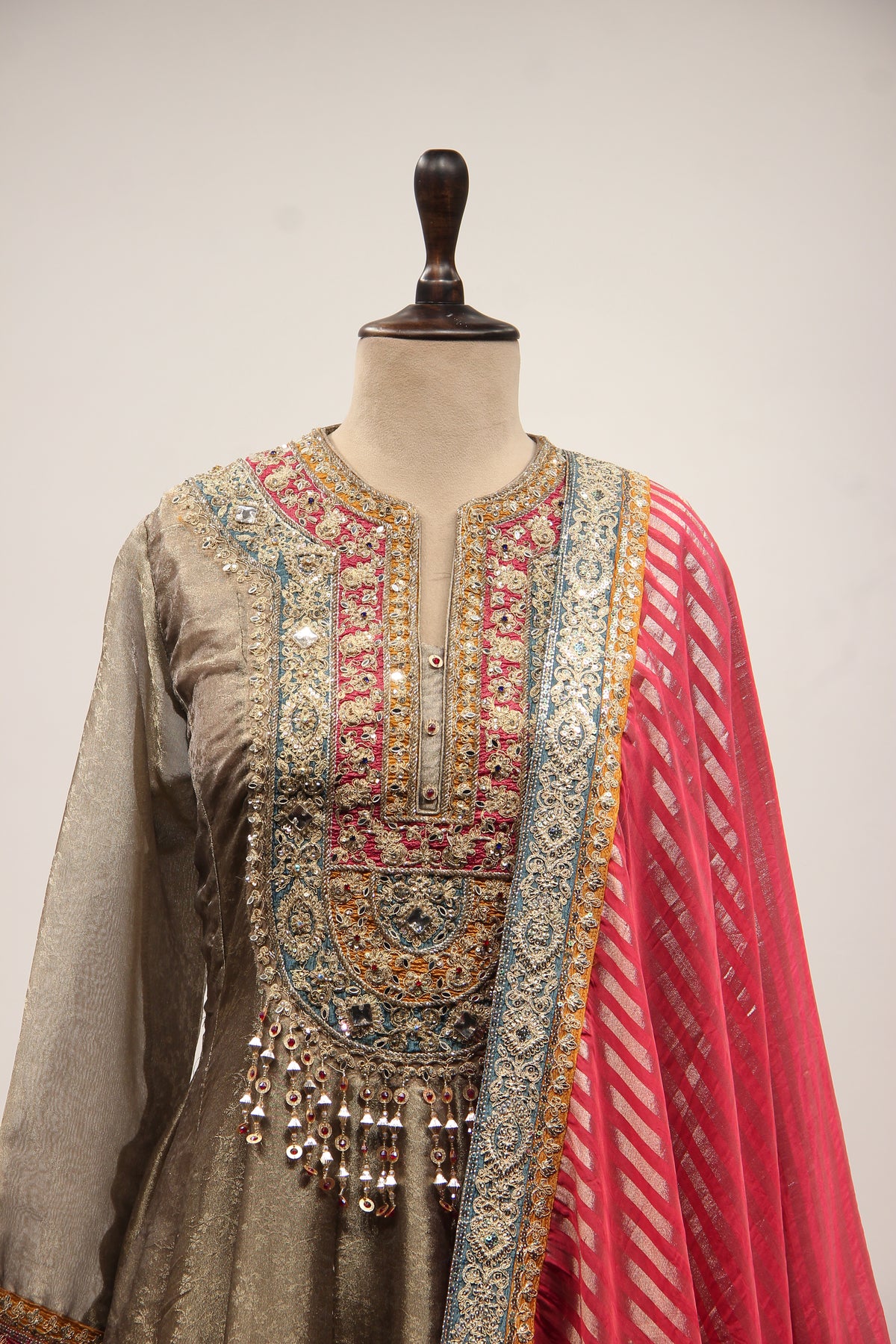 Grey Banarasi Brocade-Tissue Anarkali Gown with Zari & Mirror Handwork – front close-up