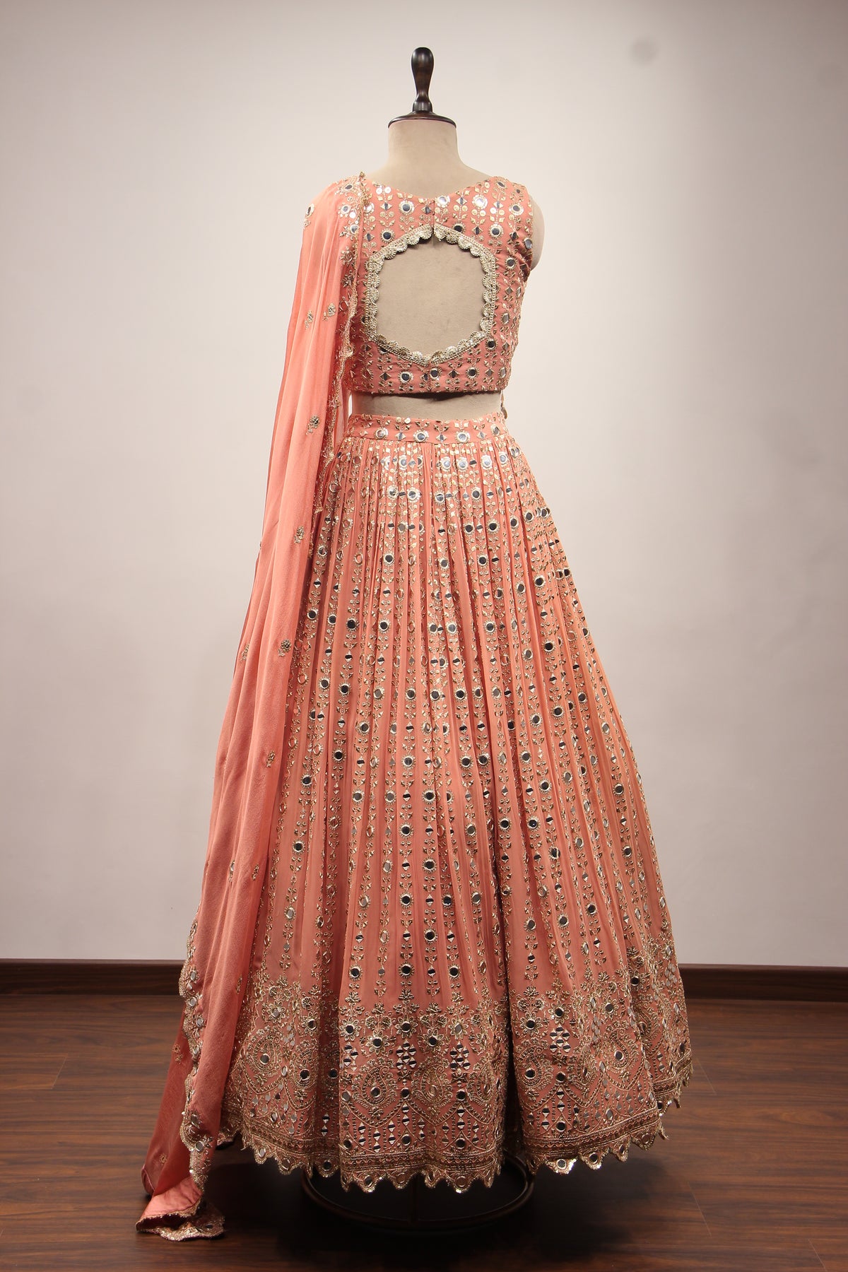 Peach Georgette Lehenga with Embroidery & Resham Handwork Crop Top