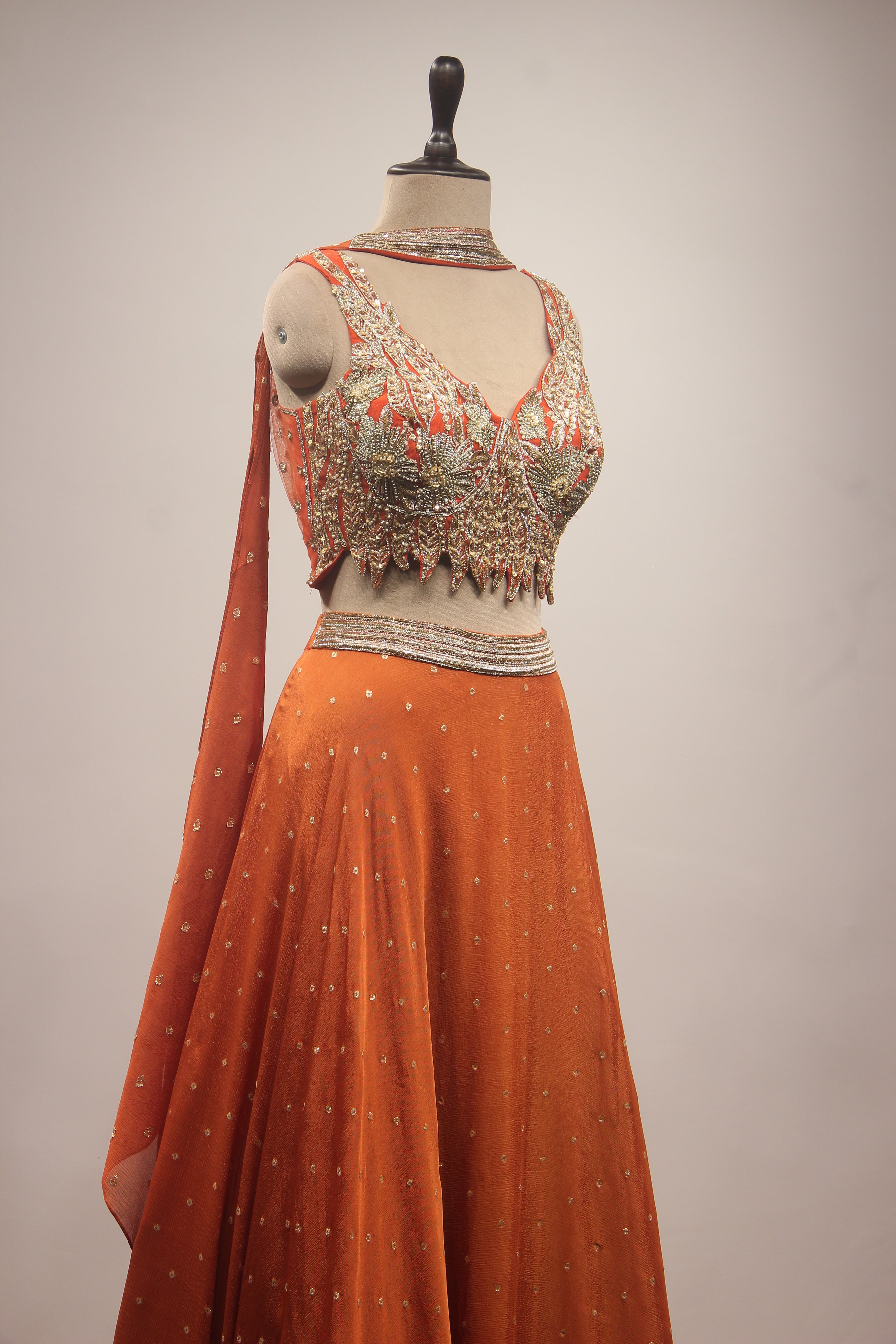 Crepe Lehenga with Hand Embroidery & Zari Handwork Crop Top Dupatta