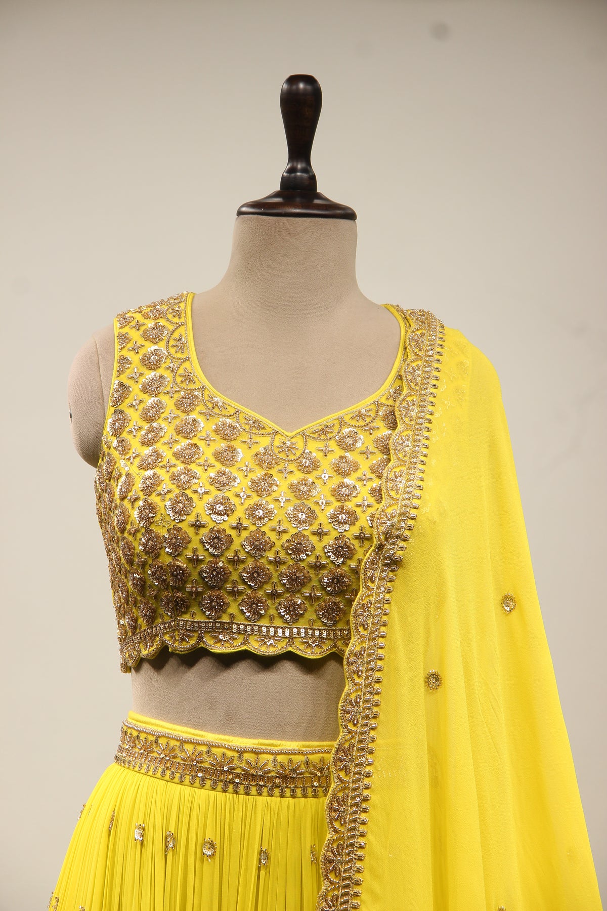Lime Georgette Lehenga Crop Top with Handwork & Cut Dana Handwork