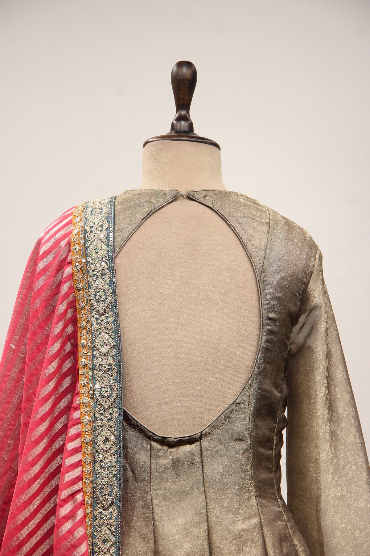 Grey Banarasi Brocade-Tissue Anarkali Gown with Zari & Mirror Handwork – back close-up