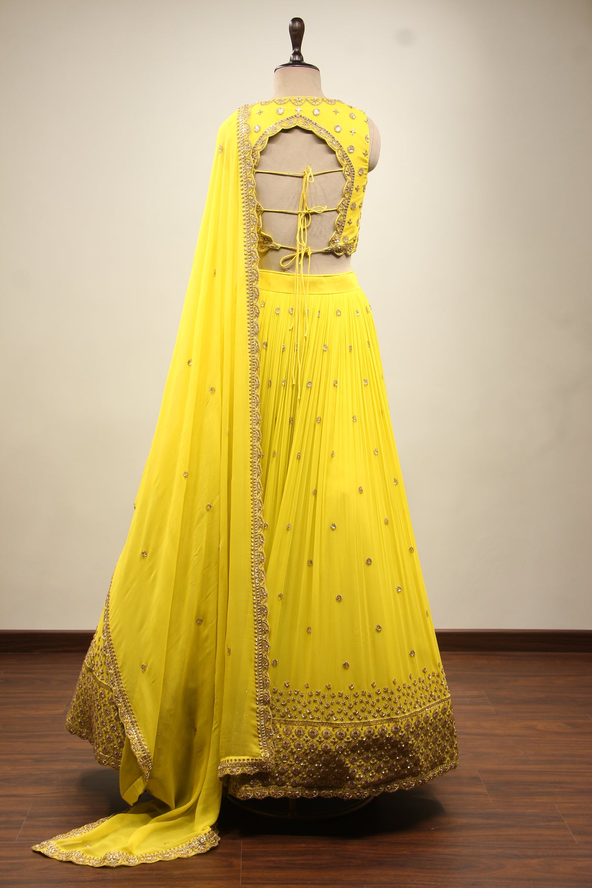 Lime Georgette Lehenga Crop Top with Handwork & Cut Dana Handwork