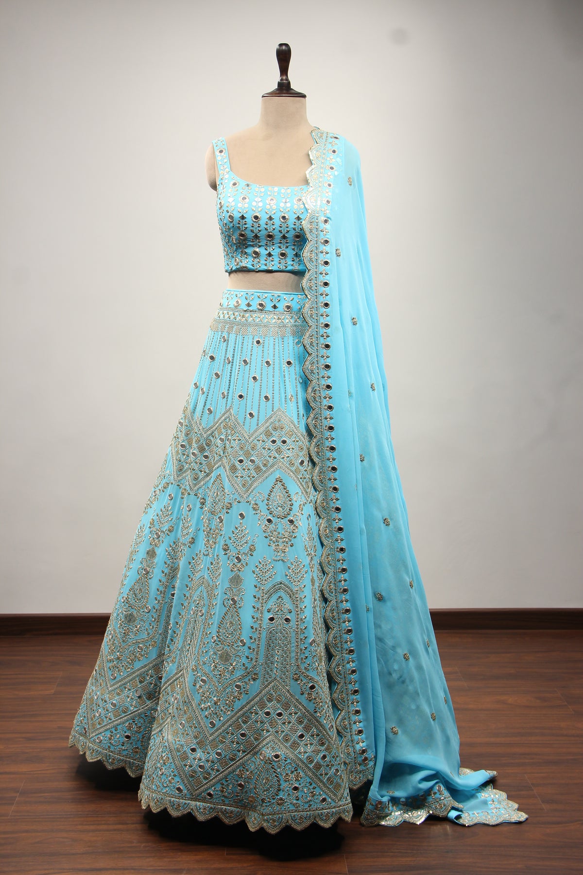Georgette Blue Lehenga with Mirror & Sequin Handwork Crop Top in Blue – front view