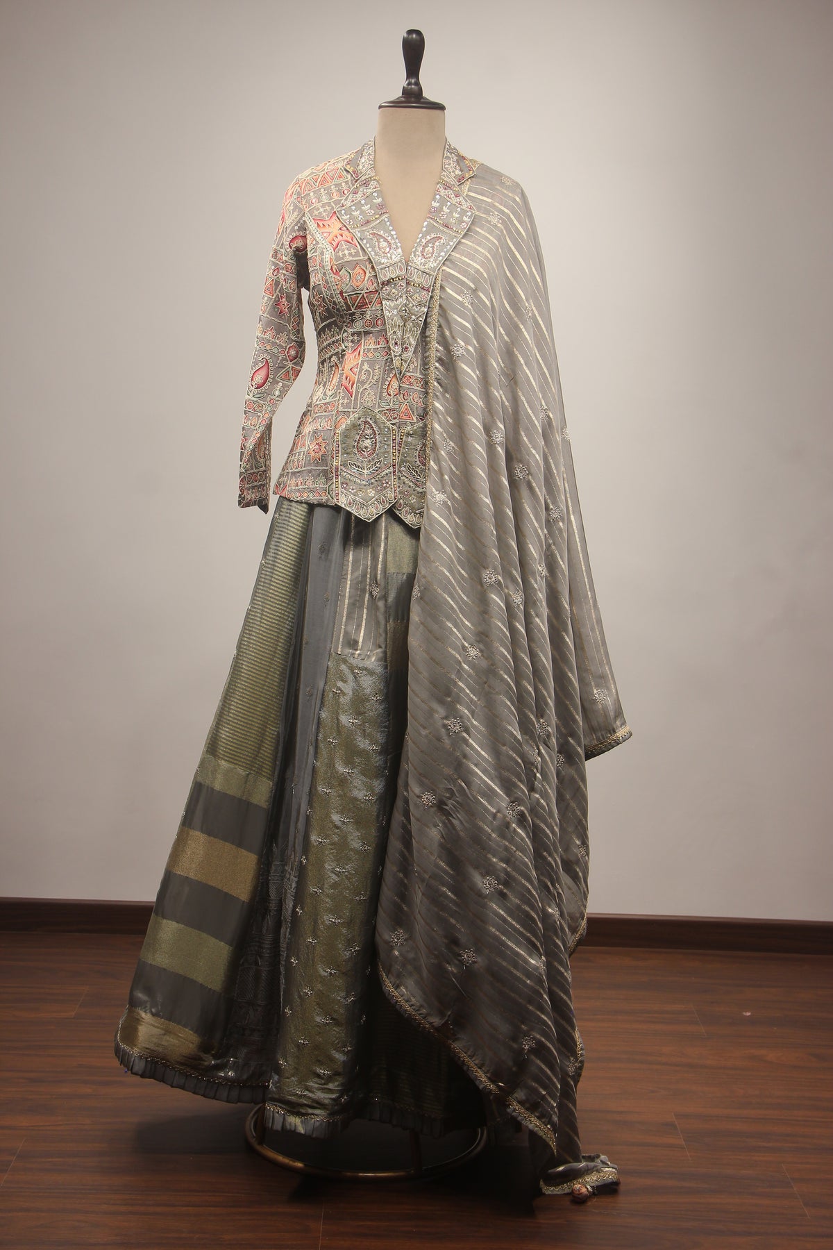 Grey Tissue Lehenga with Embroidered Jacket, Sequin, Stone & Mirror Work