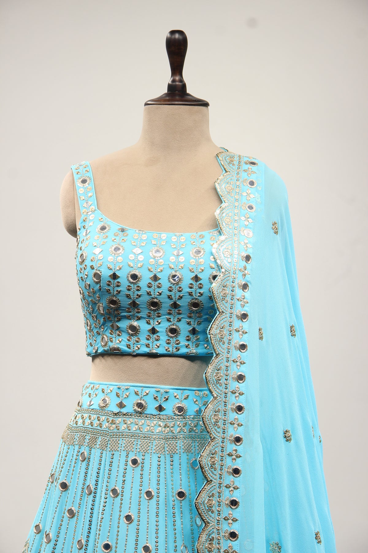Georgette Blue Lehenga with Mirror & Sequin Handwork Crop Top in Blue – front close-up