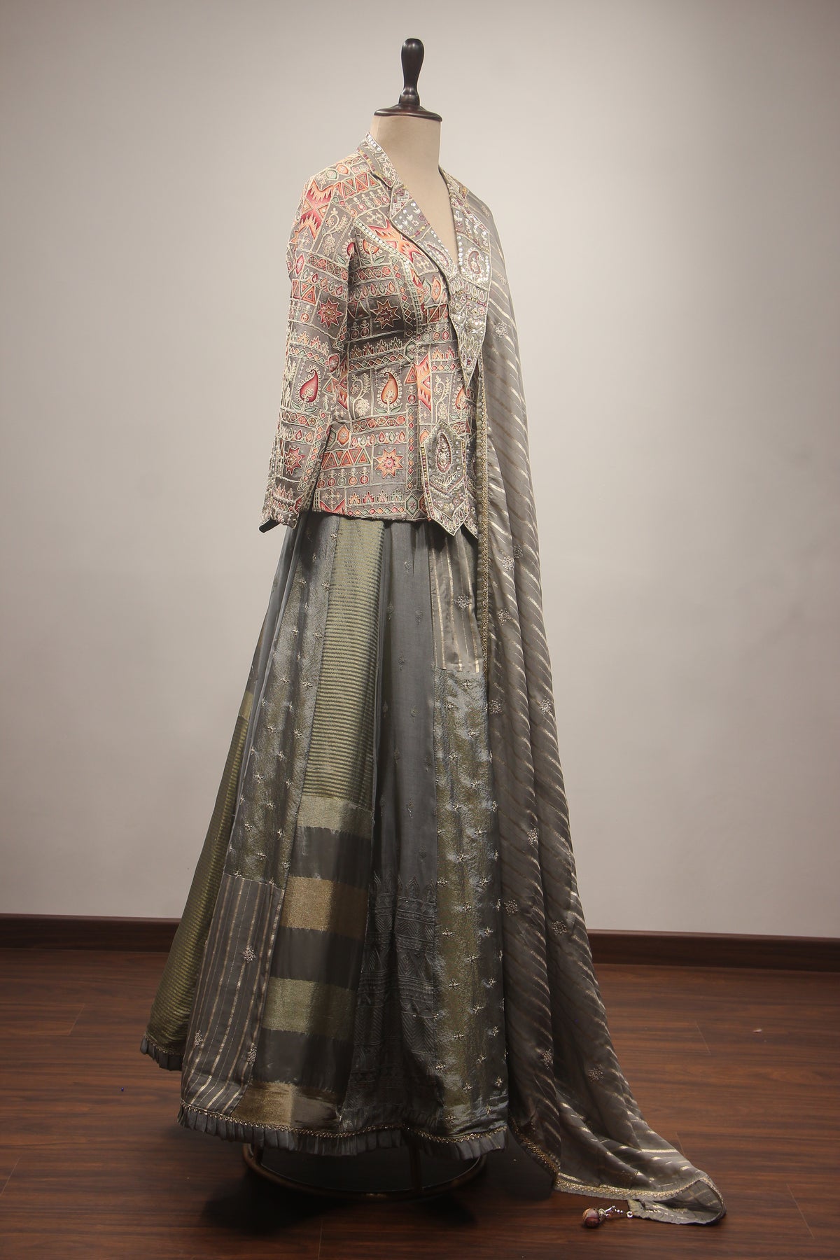 Grey Tissue Lehenga with Embroidered Jacket, Sequin, Stone & Mirror Work