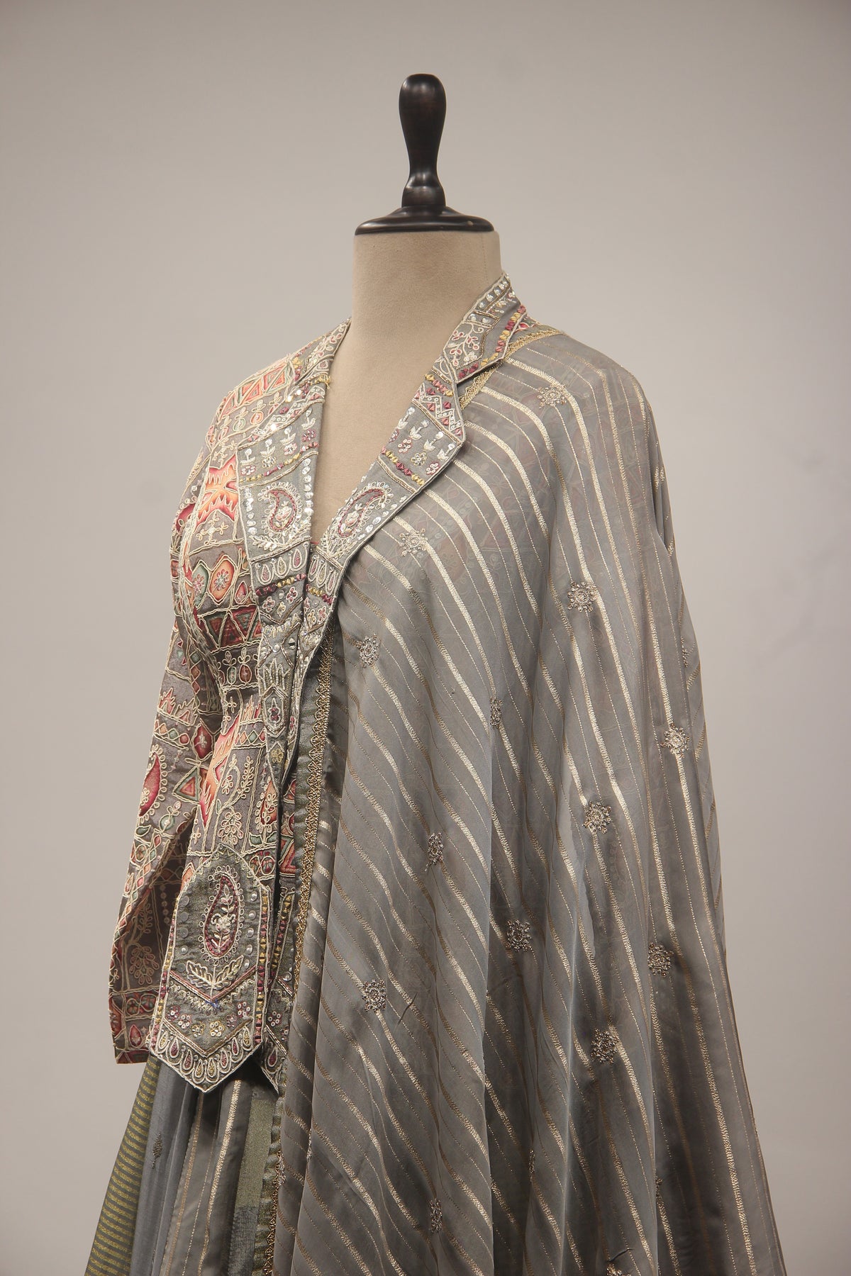 Grey Tissue Lehenga with Embroidered Jacket, Sequin, Stone & Mirror Work