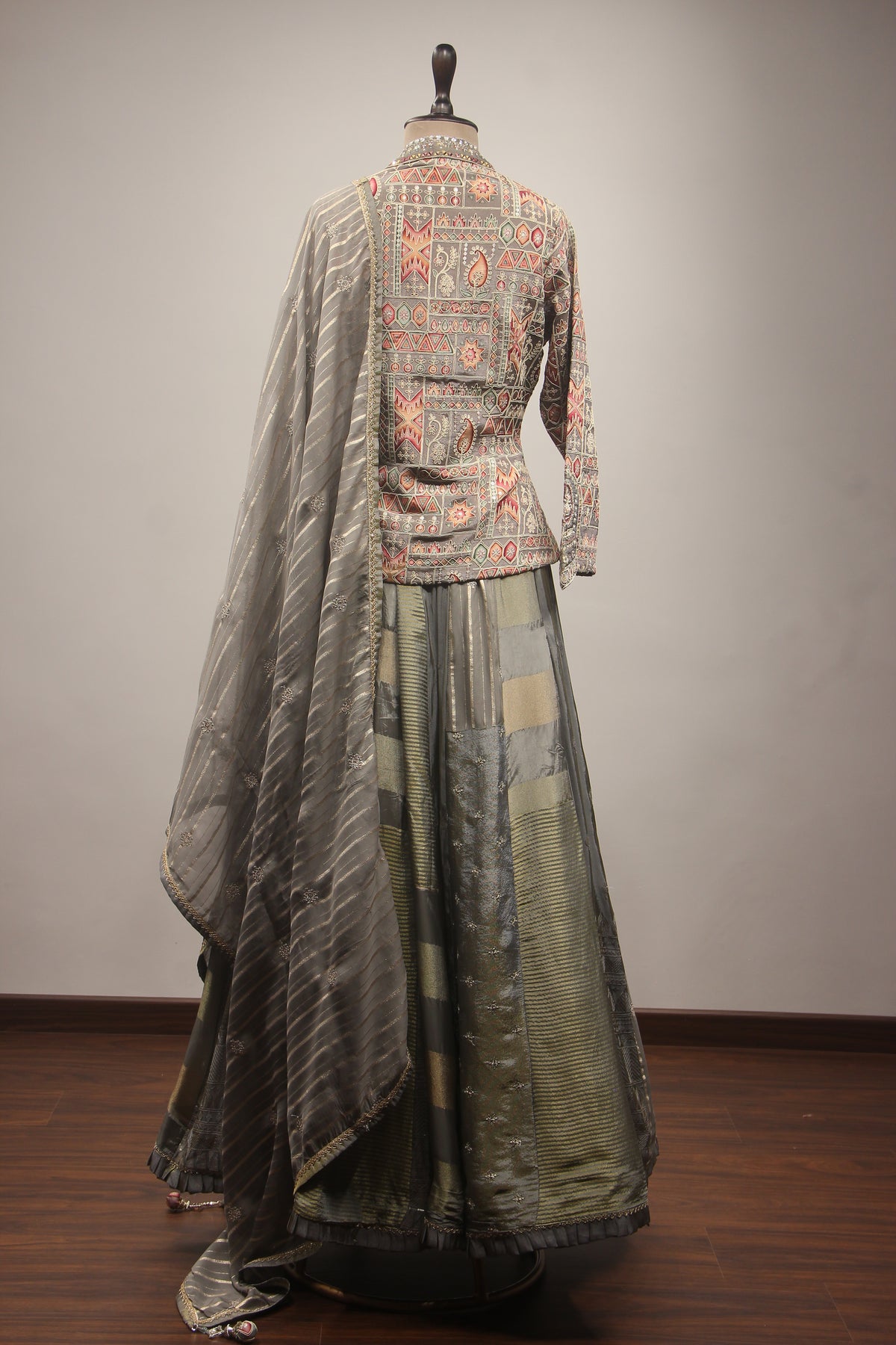 Grey Tissue Lehenga with Embroidered Jacket, Sequin, Stone & Mirror Work