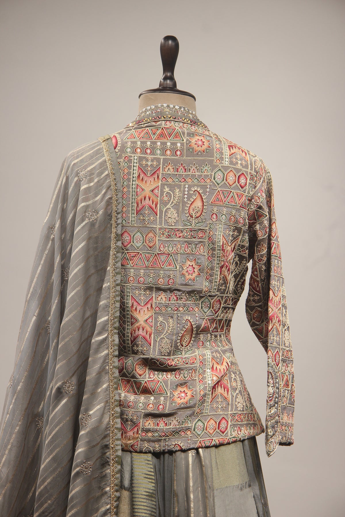 Grey Tissue Lehenga with Embroidered Jacket, Sequin, Stone & Mirror Work