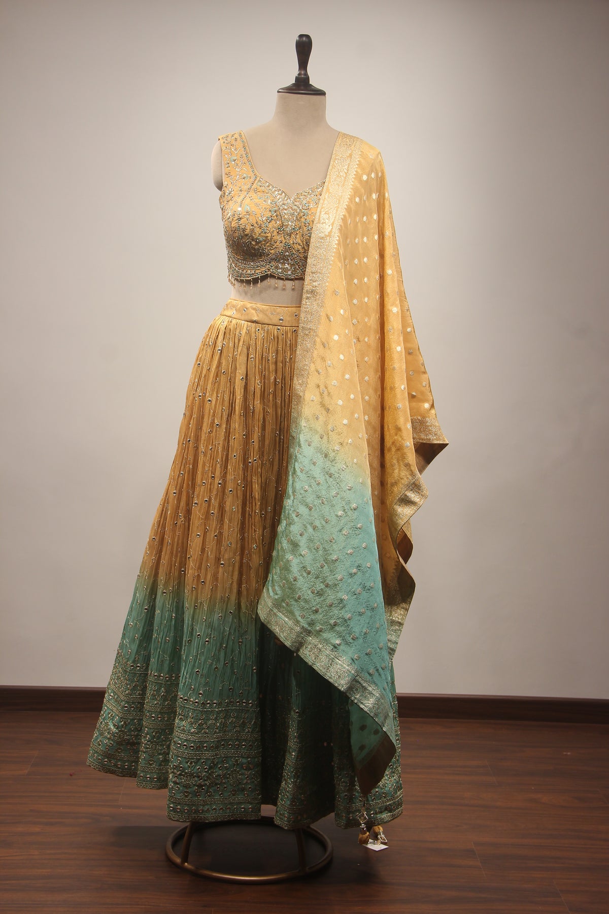 Hand-Embroidered Tissue Ombre Lehenga with Resham, Mirror, Zardozi & Cut Dana Embellishments