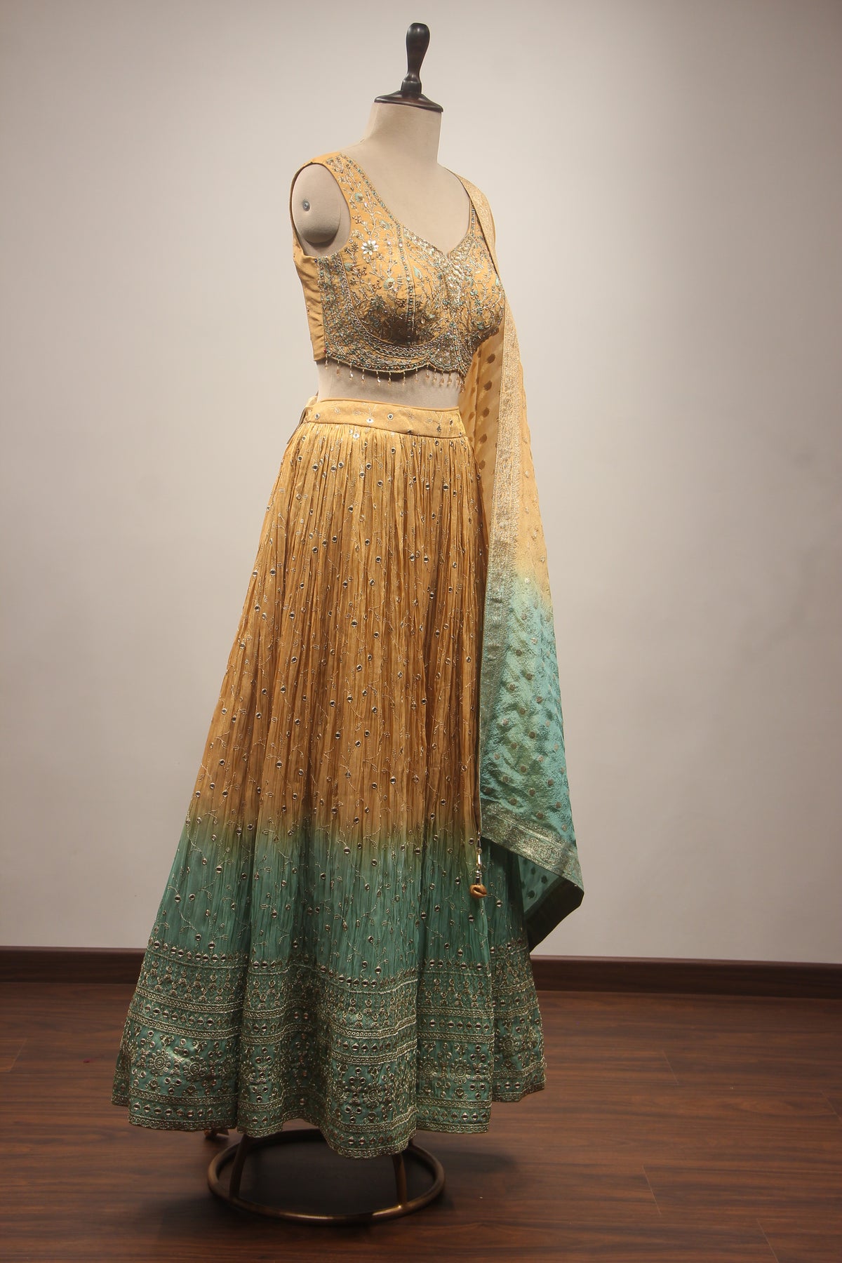 Hand-Embroidered Tissue Ombre Lehenga with Resham, Mirror, Zardozi & Cut Dana Embellishments