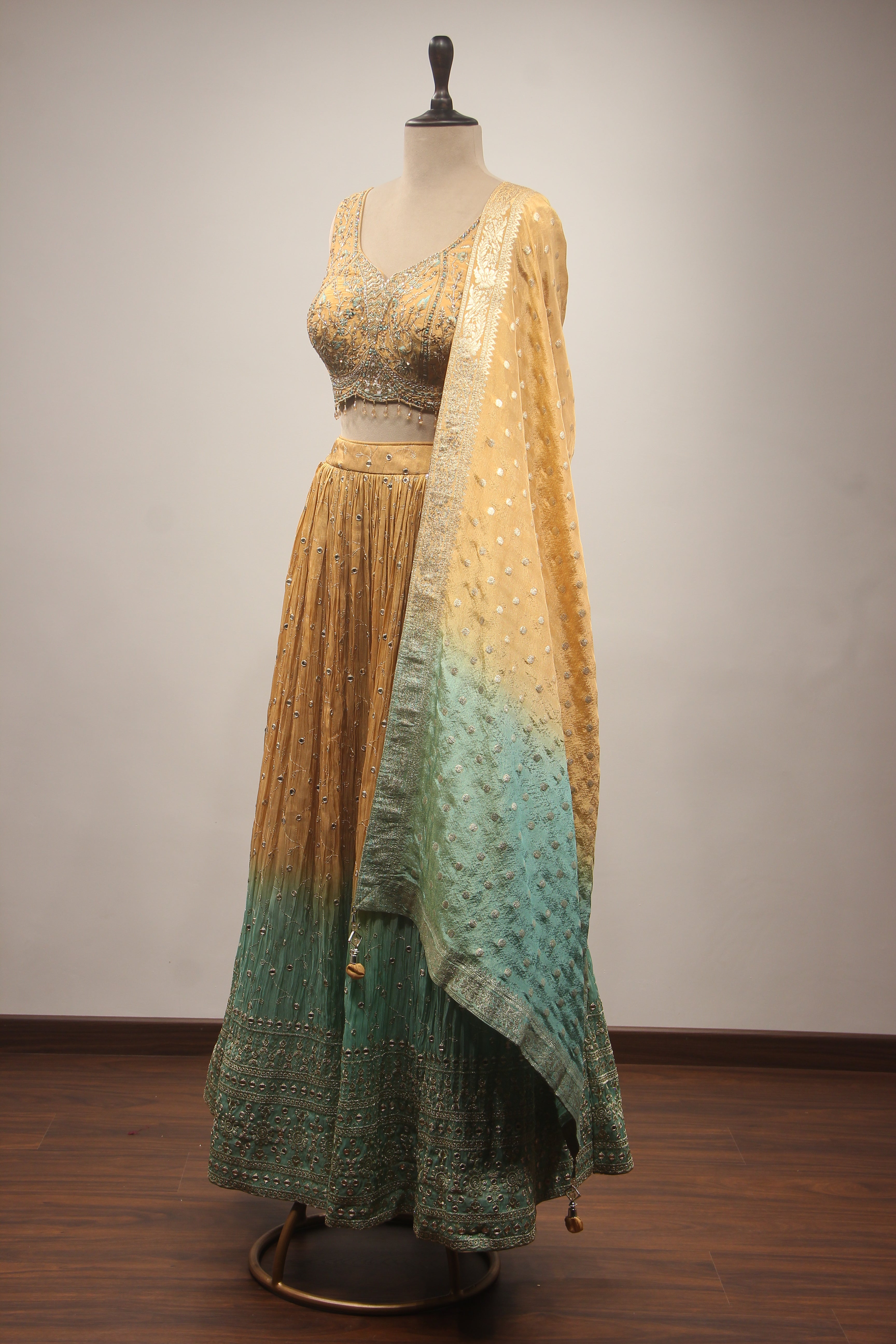 Hand-Embroidered Tissue Ombre Lehenga with Resham, Mirror, Zardozi & Cut Dana Embellishments
