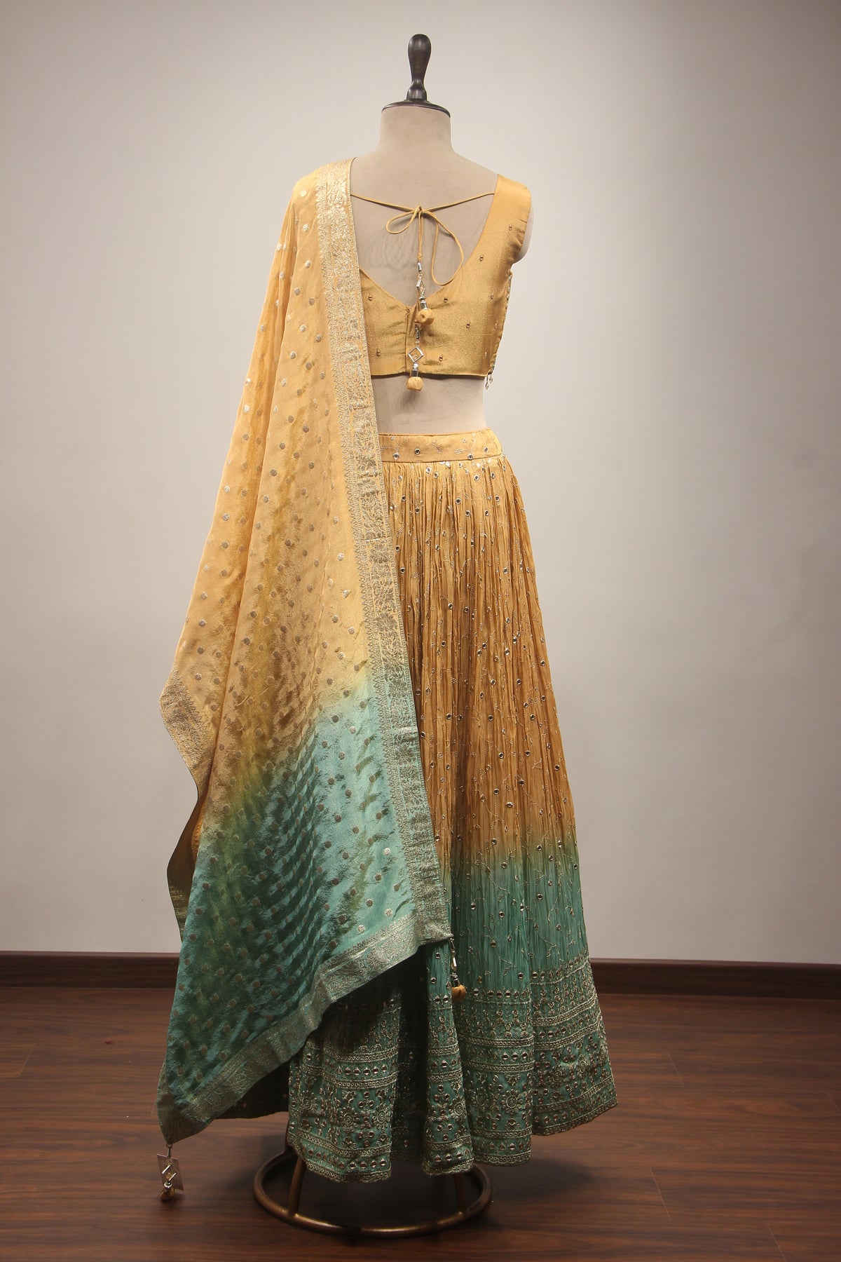 Hand-Embroidered Tissue Ombre Lehenga with Resham, Mirror, Zardozi & Cut Dana Embellishments