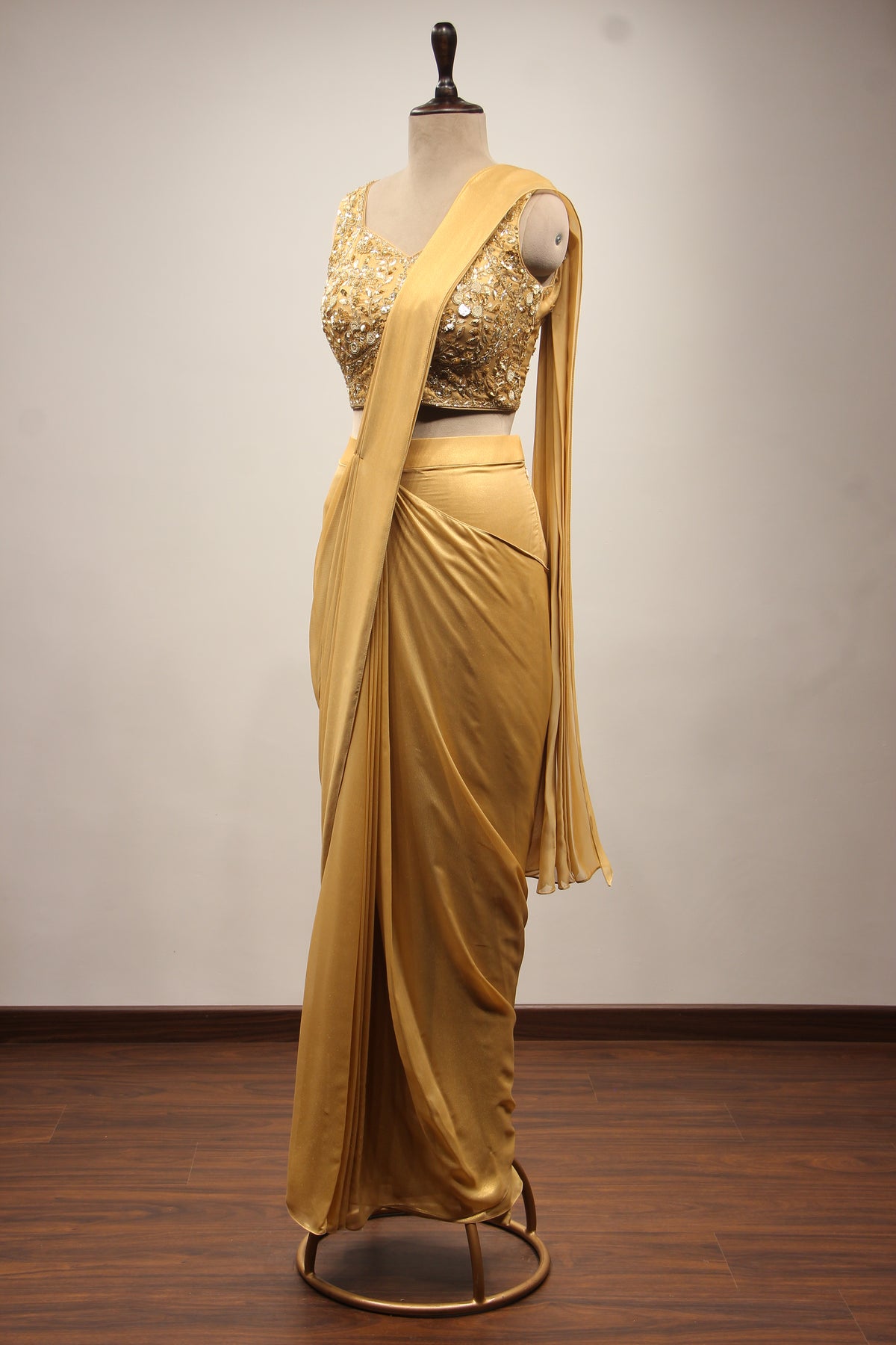 Gold Imported Drape Saree with Hand Embroidery & Sequin Handwork