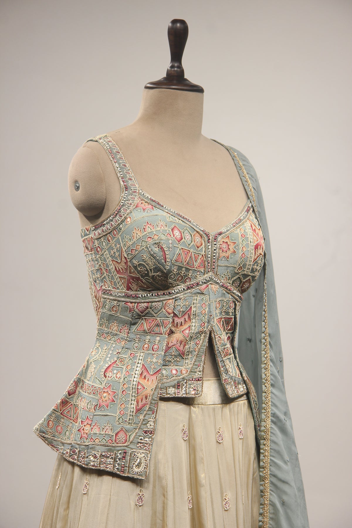 Blue Tissue Lehenga with Printed Handwork & Hand Embroidery Handwork