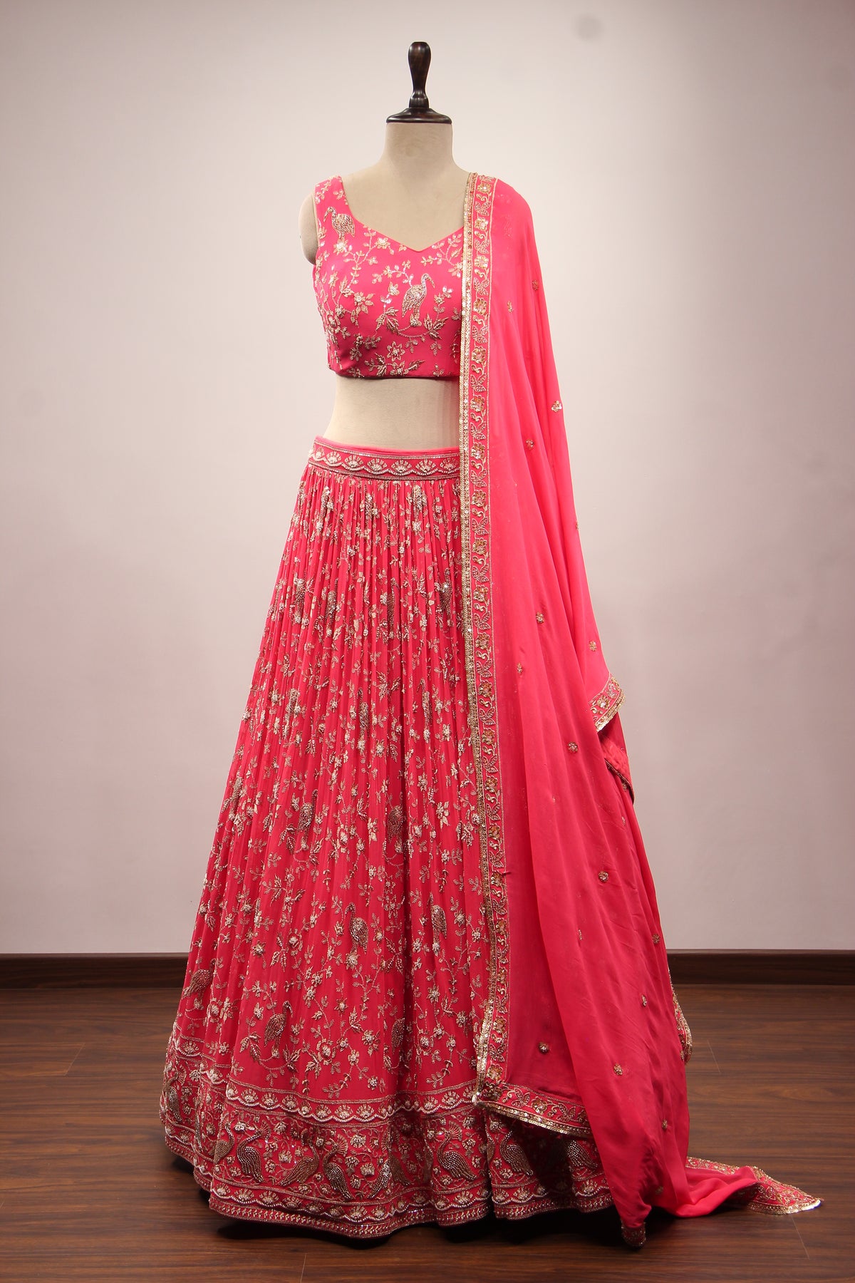 Peach Georgette Lehenga with Cut Dana & Sequin Handwork Crop Top