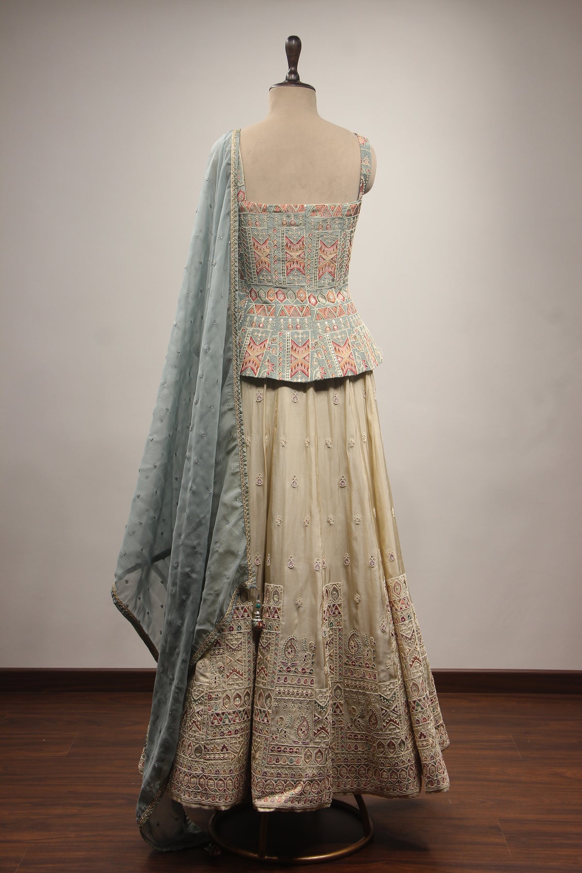 Blue Tissue Lehenga with Printed Handwork & Hand Embroidery Handwork