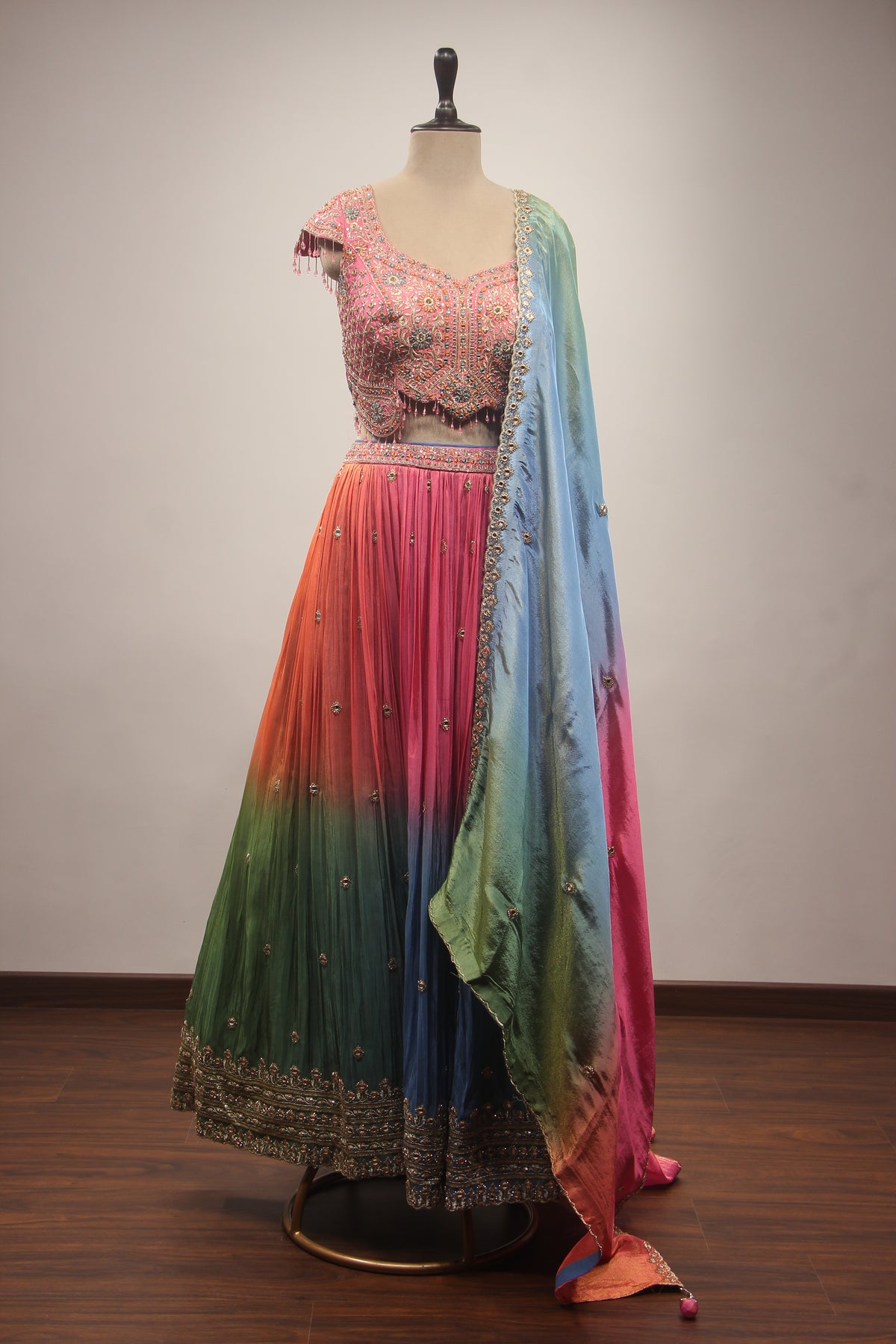 Multicolor Tissue Lehenga with Mirror & Resham Handwork Crop Top