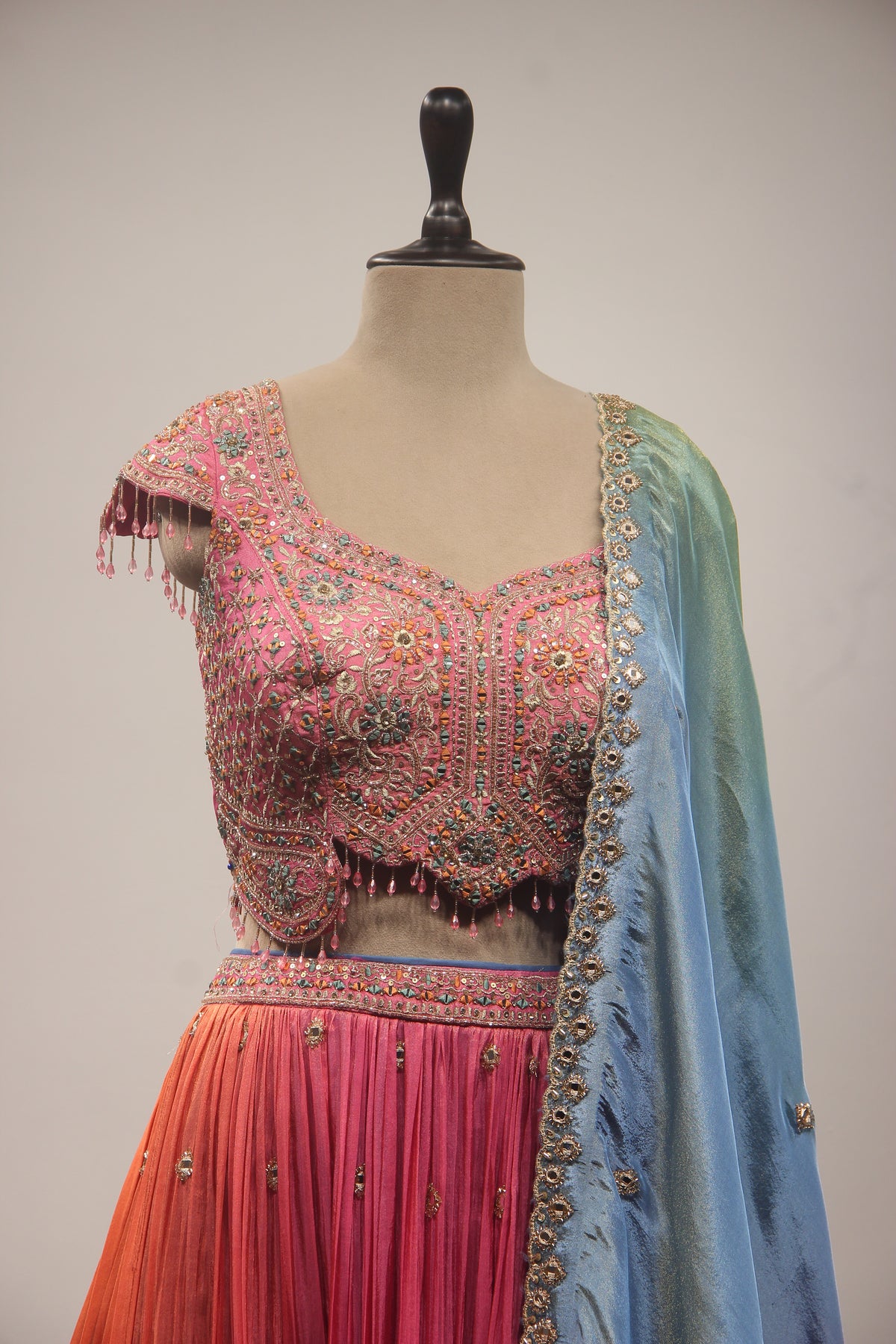 Multicolor Tissue Lehenga with Mirror & Resham Handwork Crop Top
