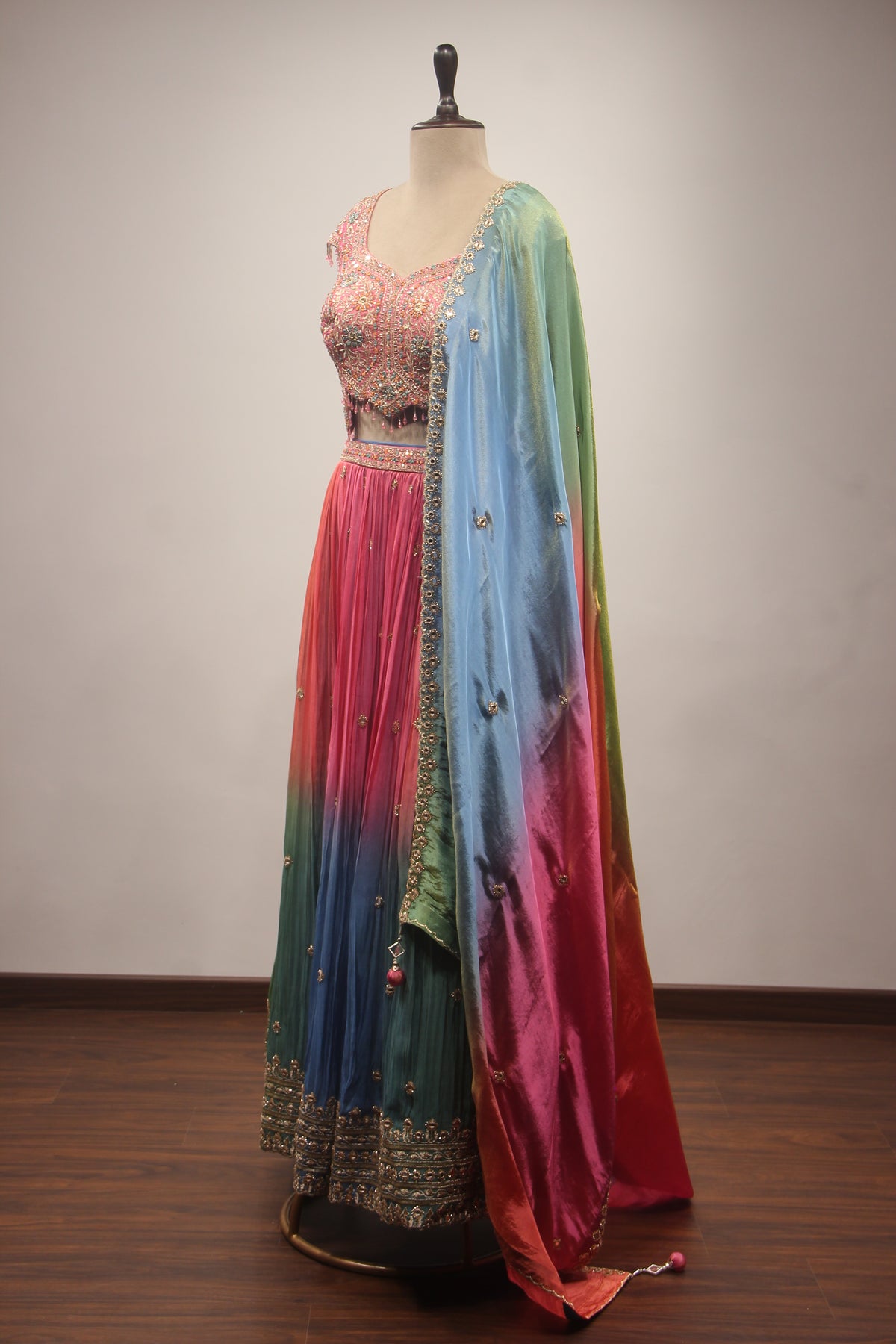 Multicolor Tissue Lehenga with Mirror & Resham Handwork Crop Top