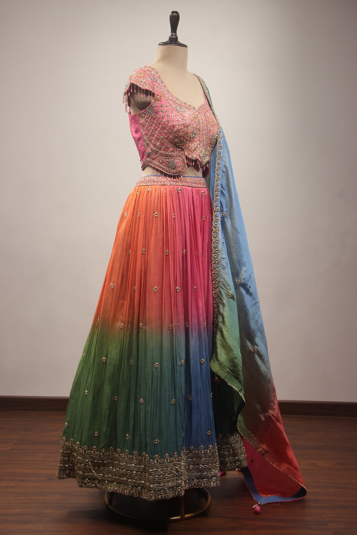 Multicolor Tissue Lehenga with Mirror & Resham Handwork Crop Top