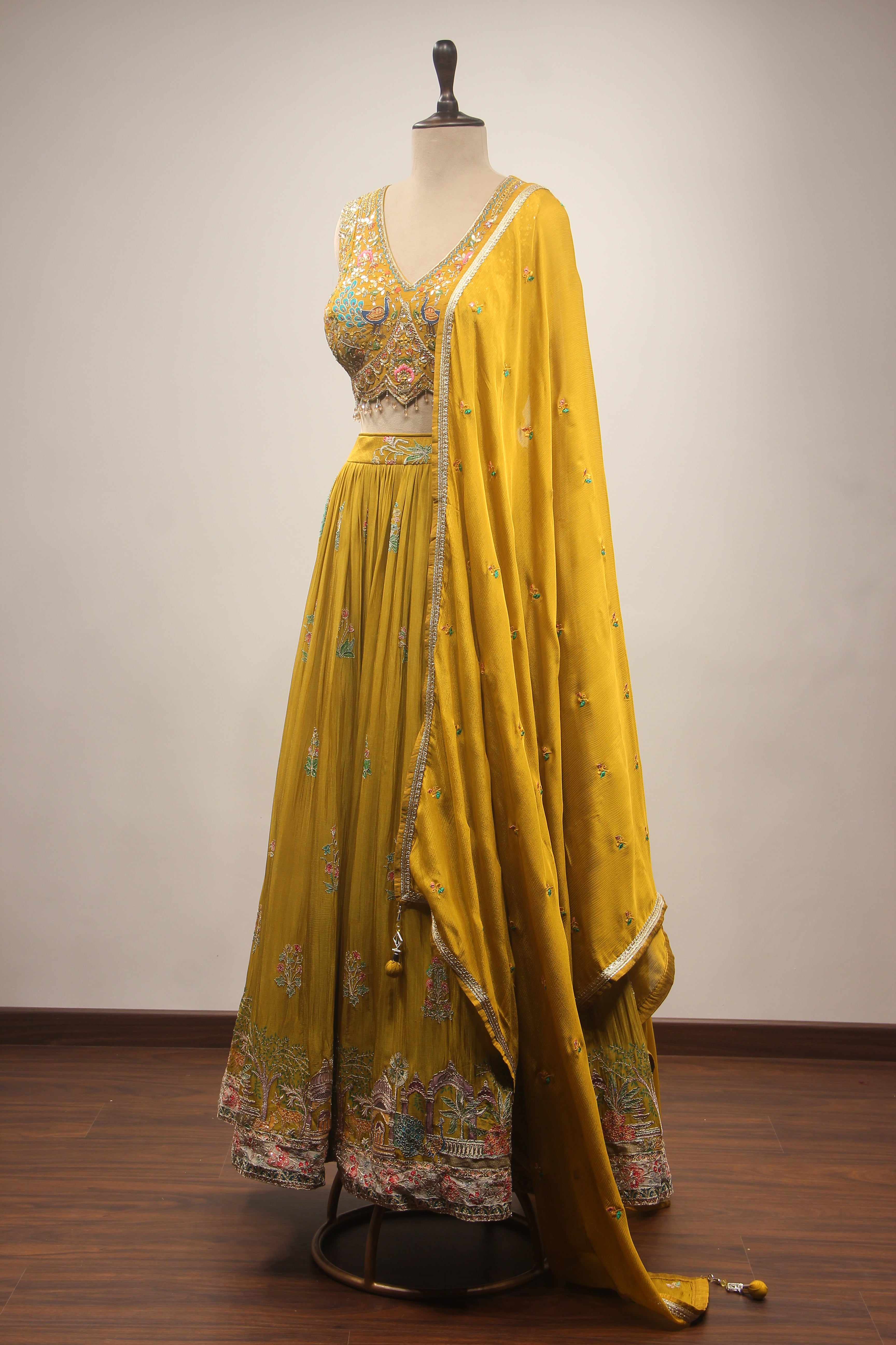Crepe Green Lehenga with Printed Handwork & Resham Crop Top