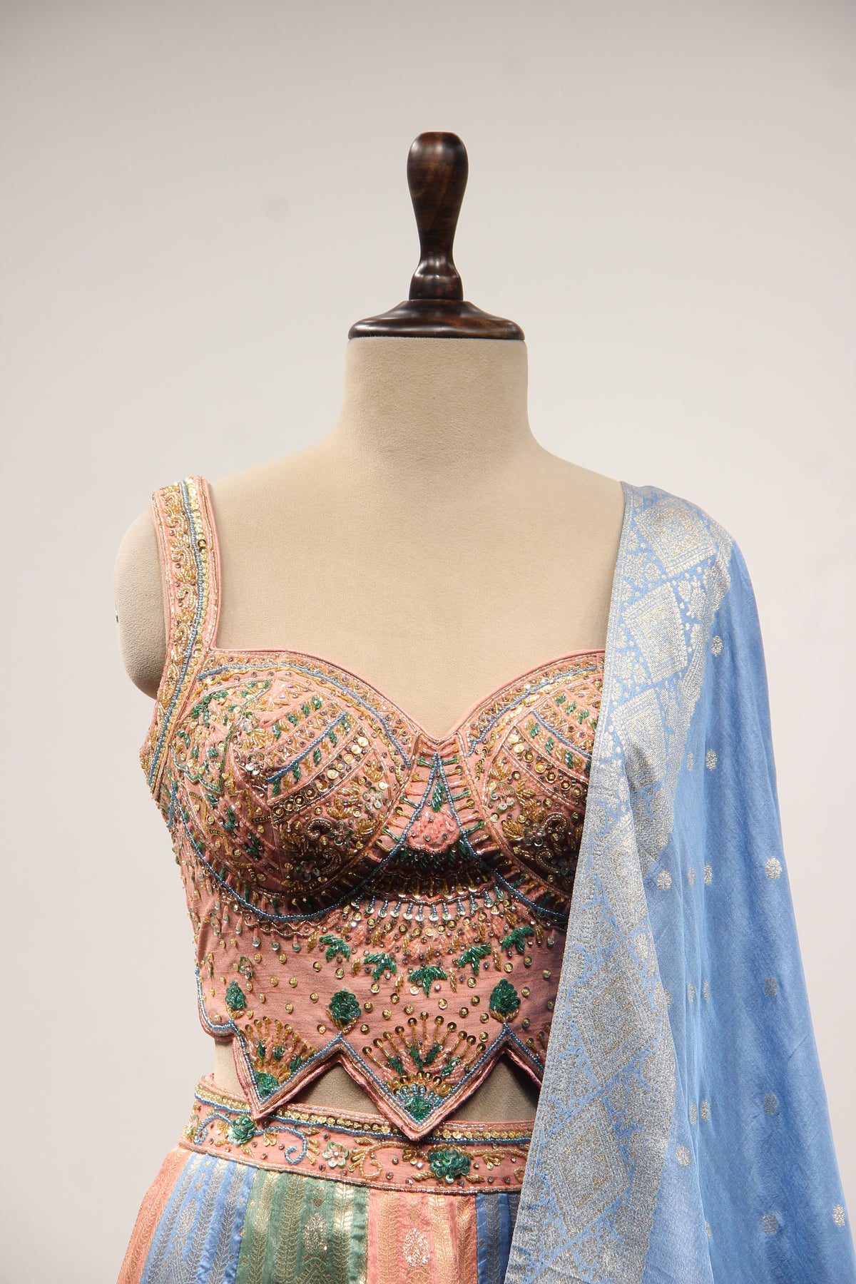 Multicolor Banarasi Brocade Lehenga with Cut Dana & Bead Handwork – front close-up