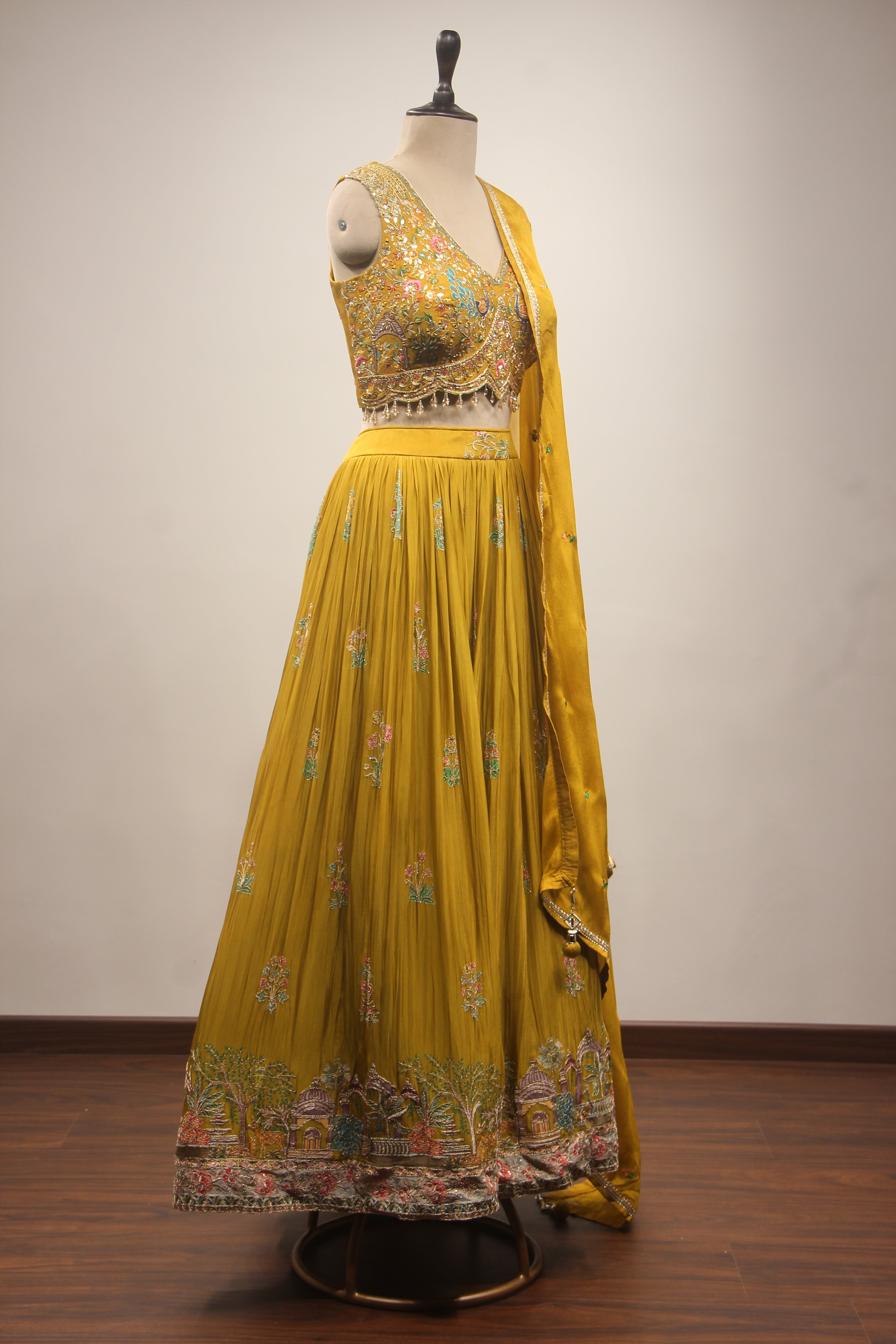 Crepe Green Lehenga with Printed Handwork & Resham Crop Top