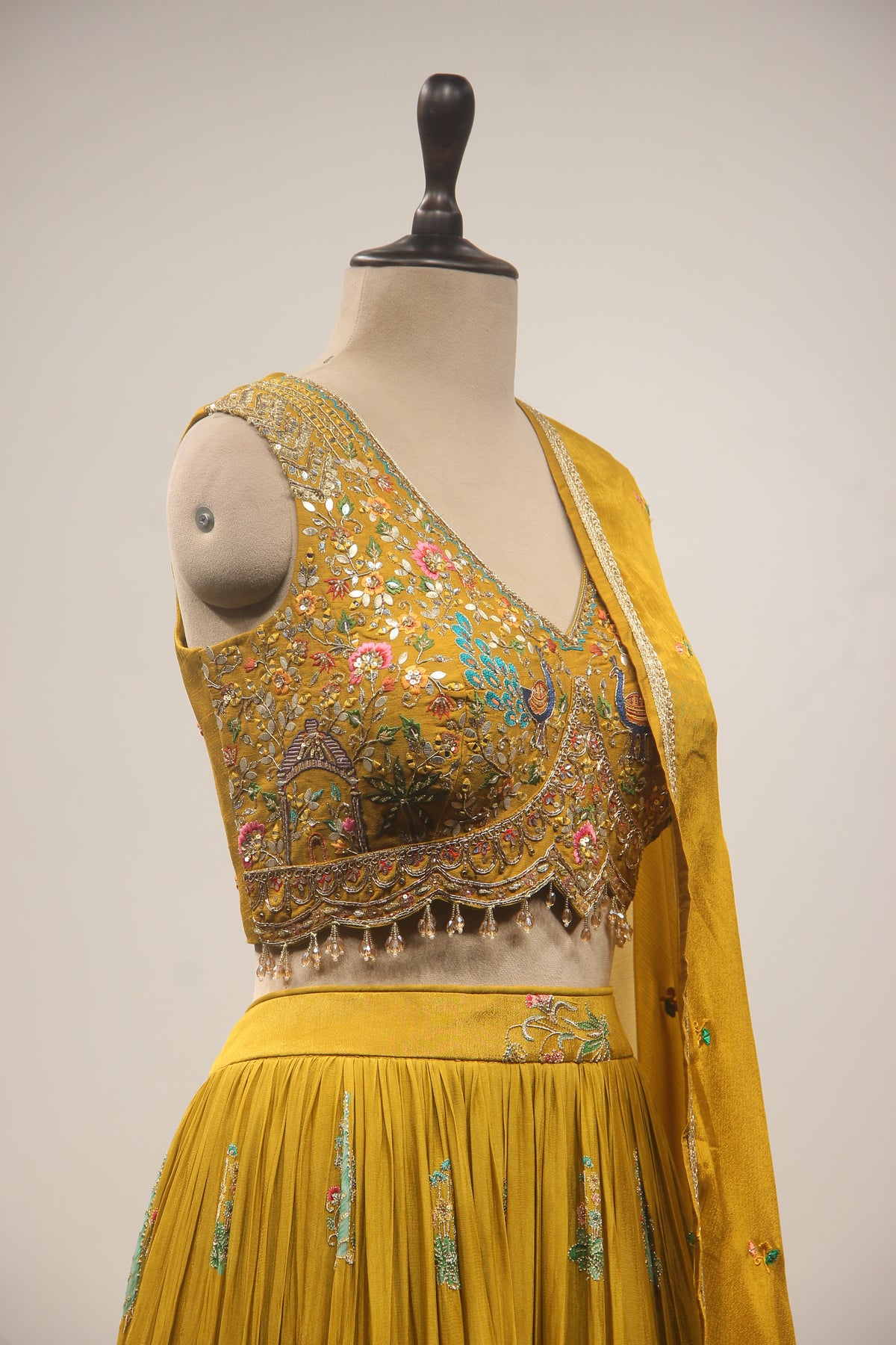 Crepe Green Lehenga with Printed Handwork & Resham Crop Top