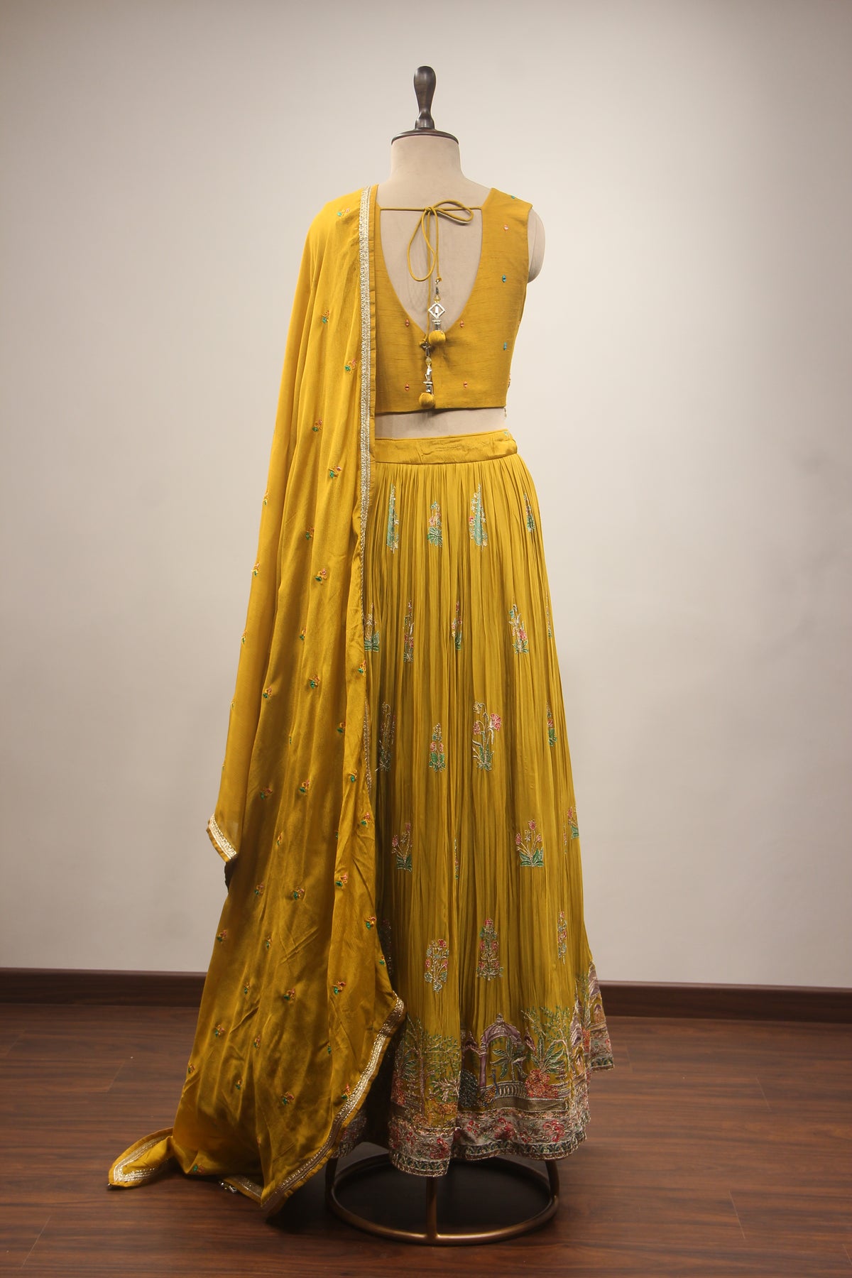 Crepe Green Lehenga with Printed Handwork & Resham Crop Top