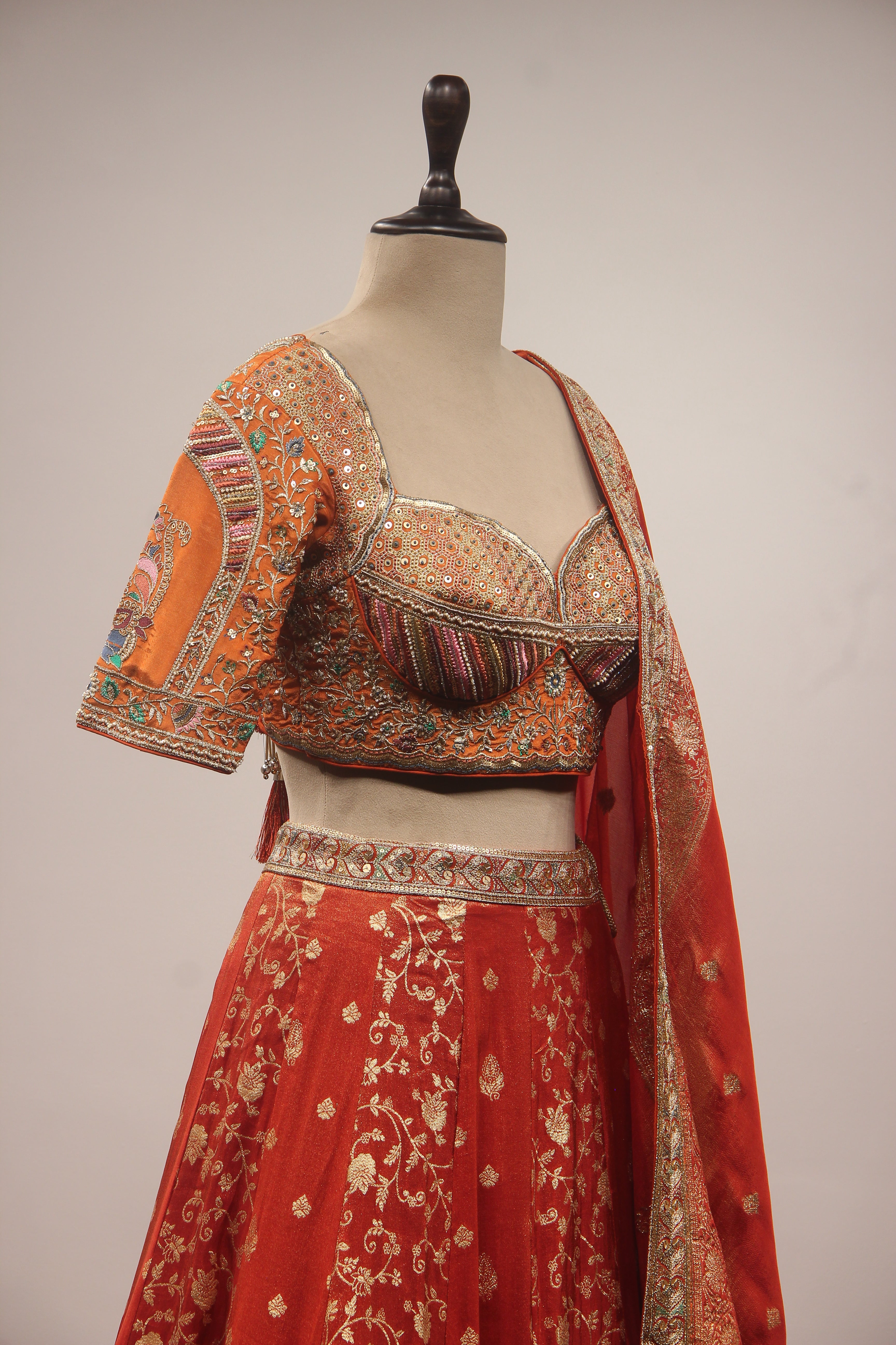 Orange Banarasi Brocade-Tissue Lehenga with Resham & Sequin Handwork
