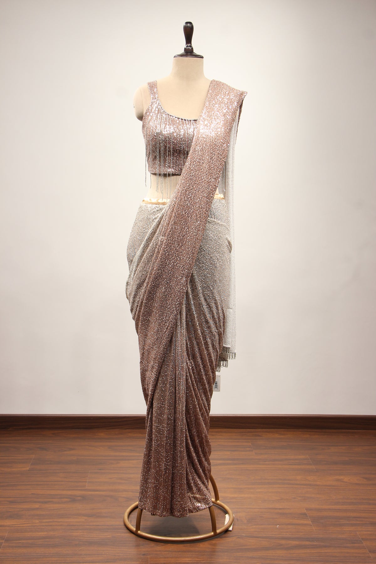 Chikoo Imported Drape Saree with Sequin & Tassel Handwork Fringe Top – front view